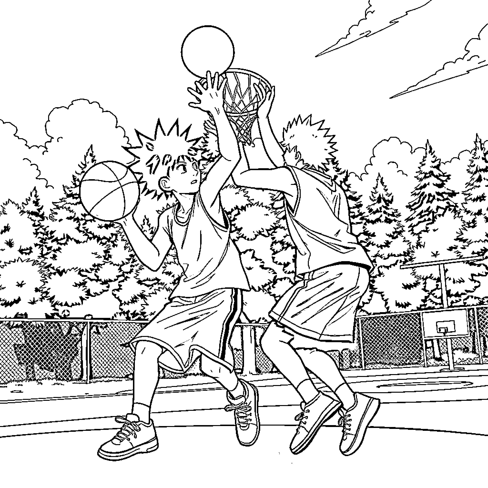 Hunter X Hunter - Basketball players in action on court Coloring Page (free black-and-white line drawing printable PDF for all, from beginners to advanced learners, including children, teens, adults, and seniors)