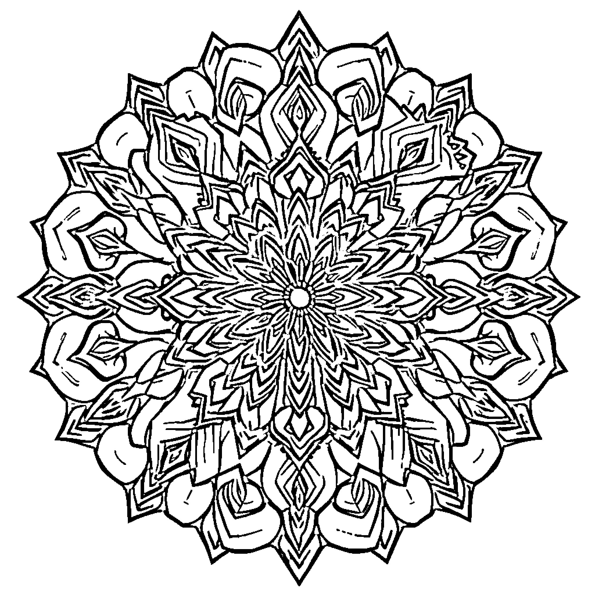 Mandala with intricate geometric patterns and symmetrical design Coloring Page (free black-and-white line drawing printable PDF for all, from beginners to advanced learners, including children, teens, adults, and seniors)