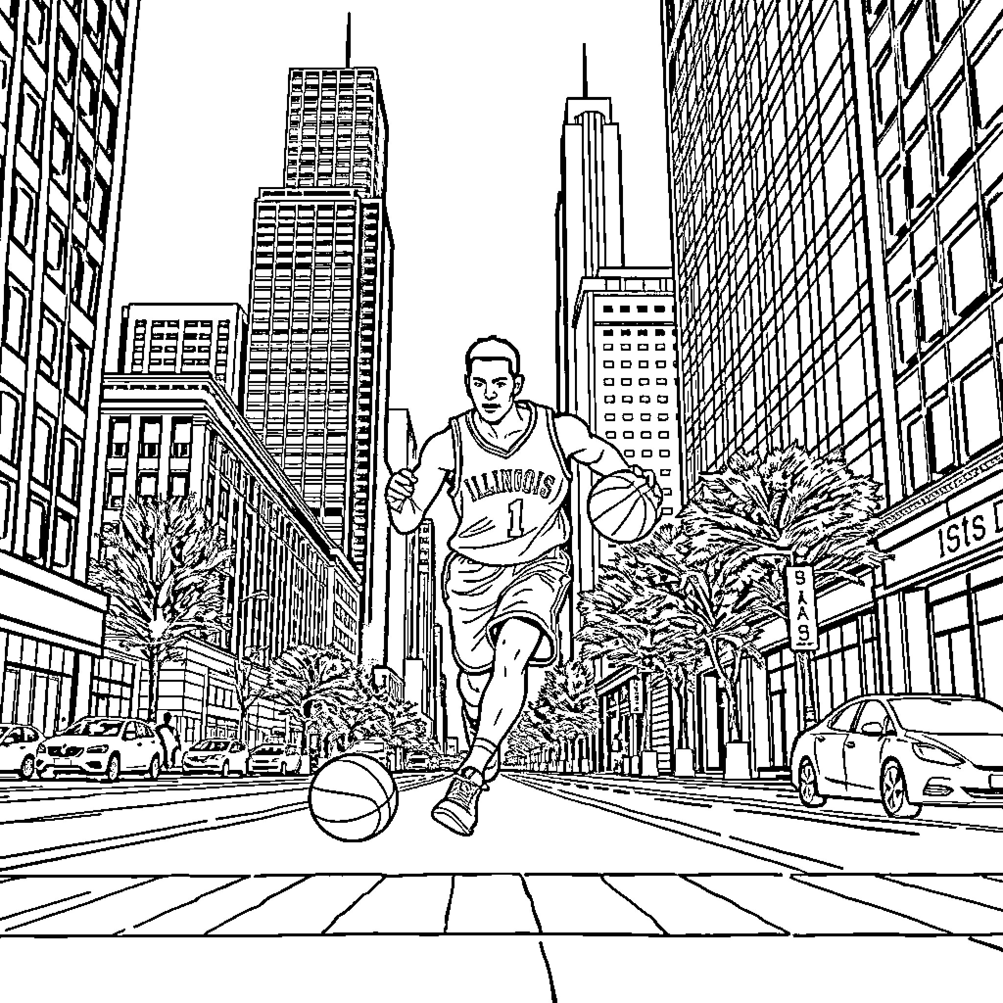 Basketball Player Dribbling Through City Streets Coloring Page (free black-and-white line drawing printable PDF for all, from beginners to advanced learners, including children, teens, adults, and seniors)