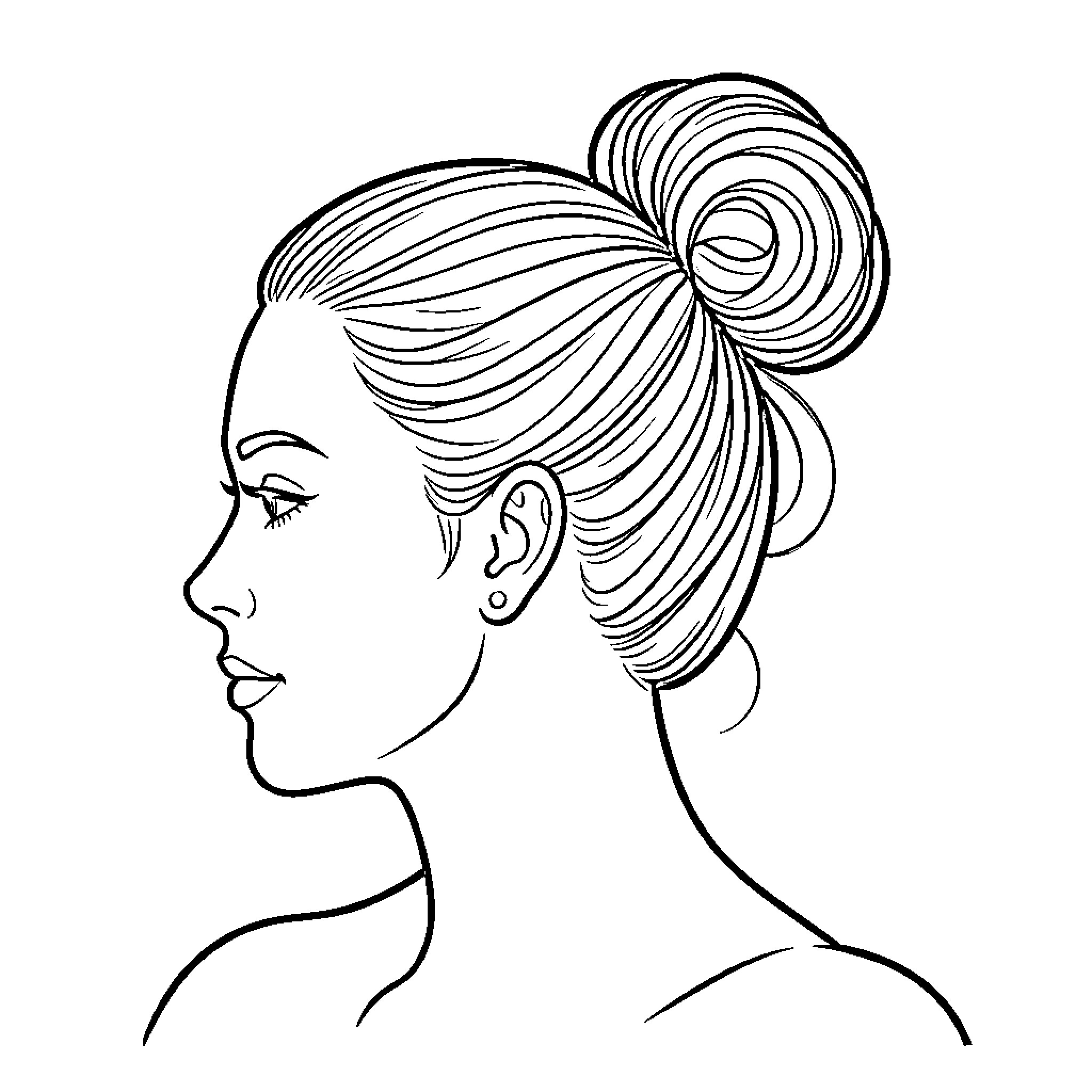 Mono profile of a woman with hair in a bun Coloring Page (free black-and-white line drawing printable PDF for all, from beginners to advanced learners, including children, teens, adults, and seniors)
