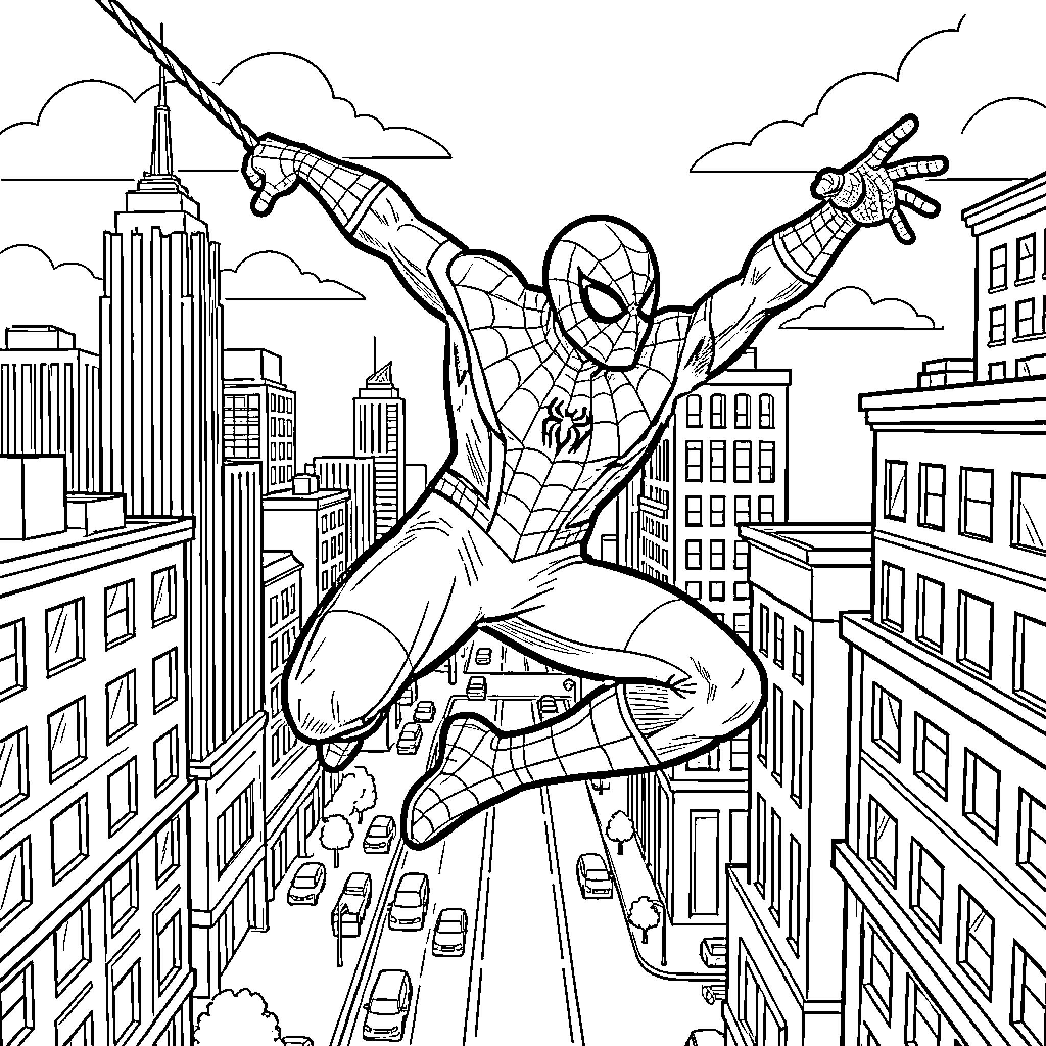 Spiderman swinging through the city skyline Coloring Page (free black-and-white line drawing printable PDF for all, from beginners to advanced learners, including children, teens, adults, and seniors)