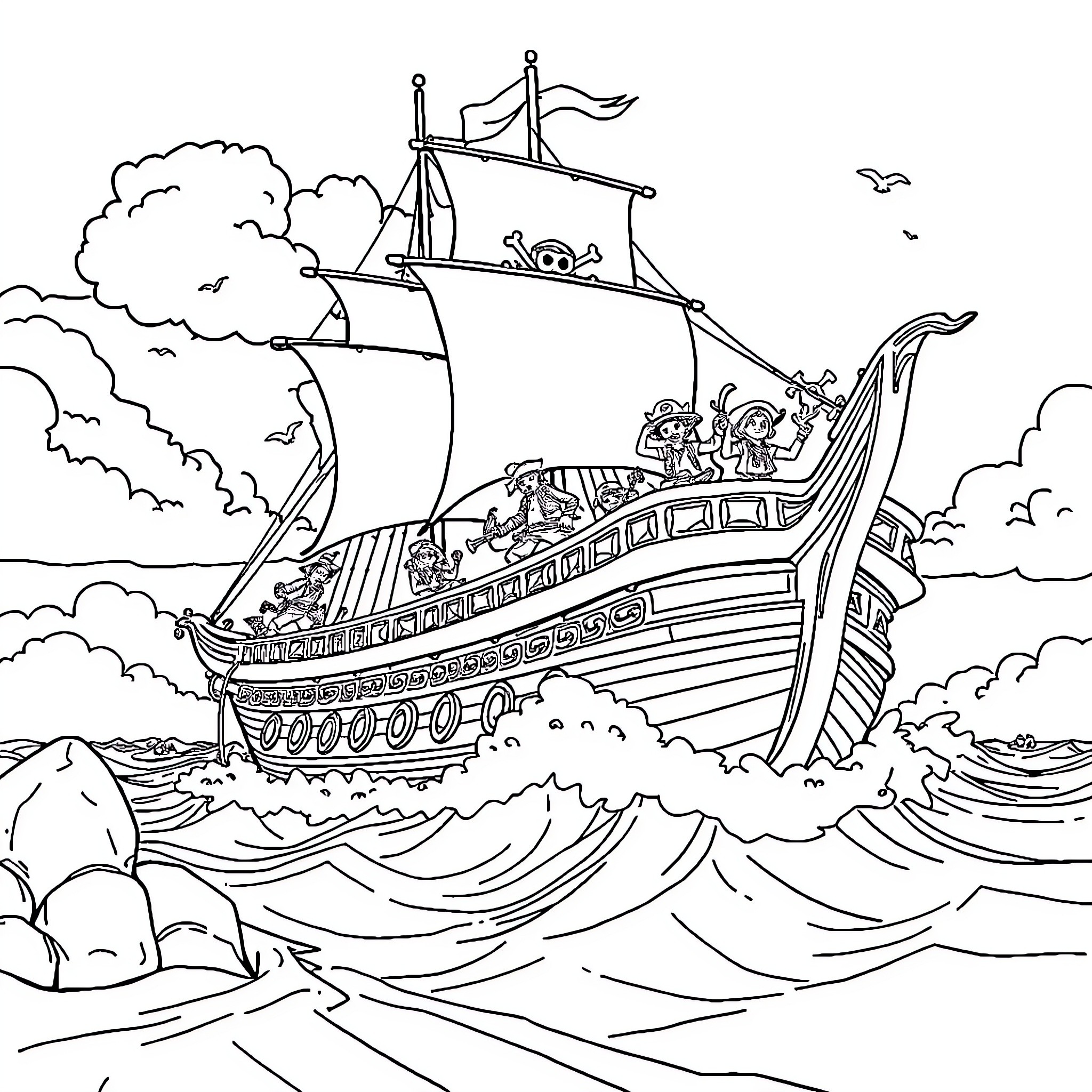 One Piece Pirate Ship Sailing on Stormy Seas Coloring Page (free black-and-white line drawing printable PDF for all, from beginners to advanced learners, including children, teens, adults, and seniors)