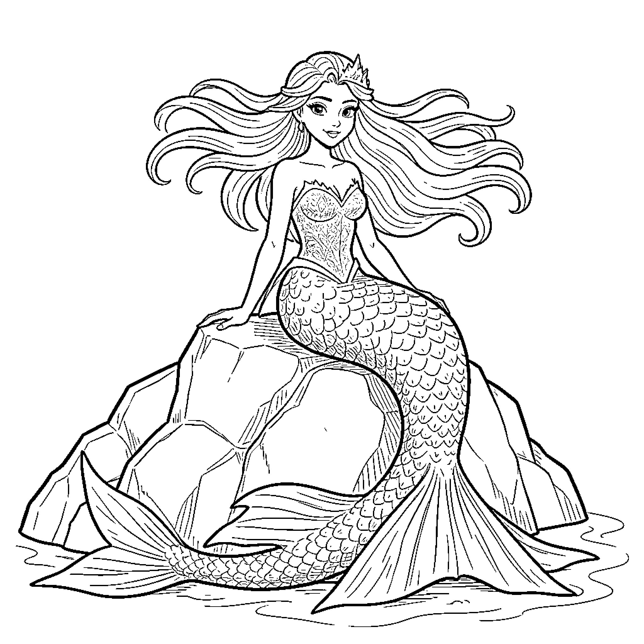 Siren sitting gracefully on a large rock Coloring Page (free black-and-white line drawing printable PDF for all, from beginners to advanced learners, including children, teens, adults, and seniors)