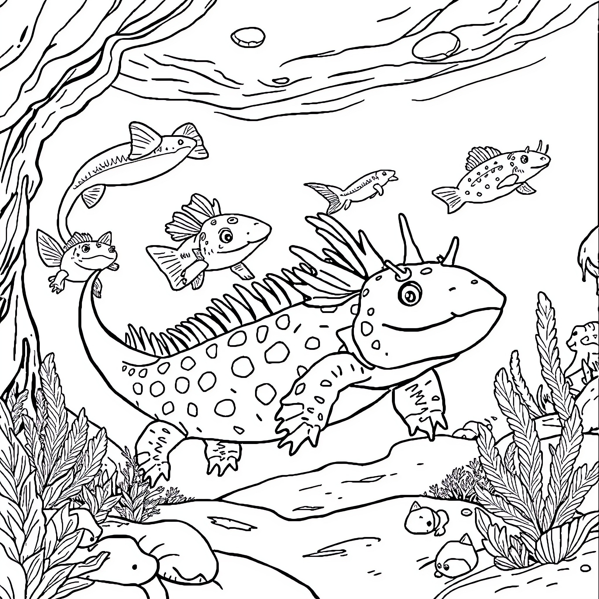 Axolotl swimming playfully underwater with colorful fish Coloring Page (free black-and-white line drawing printable PDF for all, from beginners to advanced learners, including children, teens, adults, and seniors)
