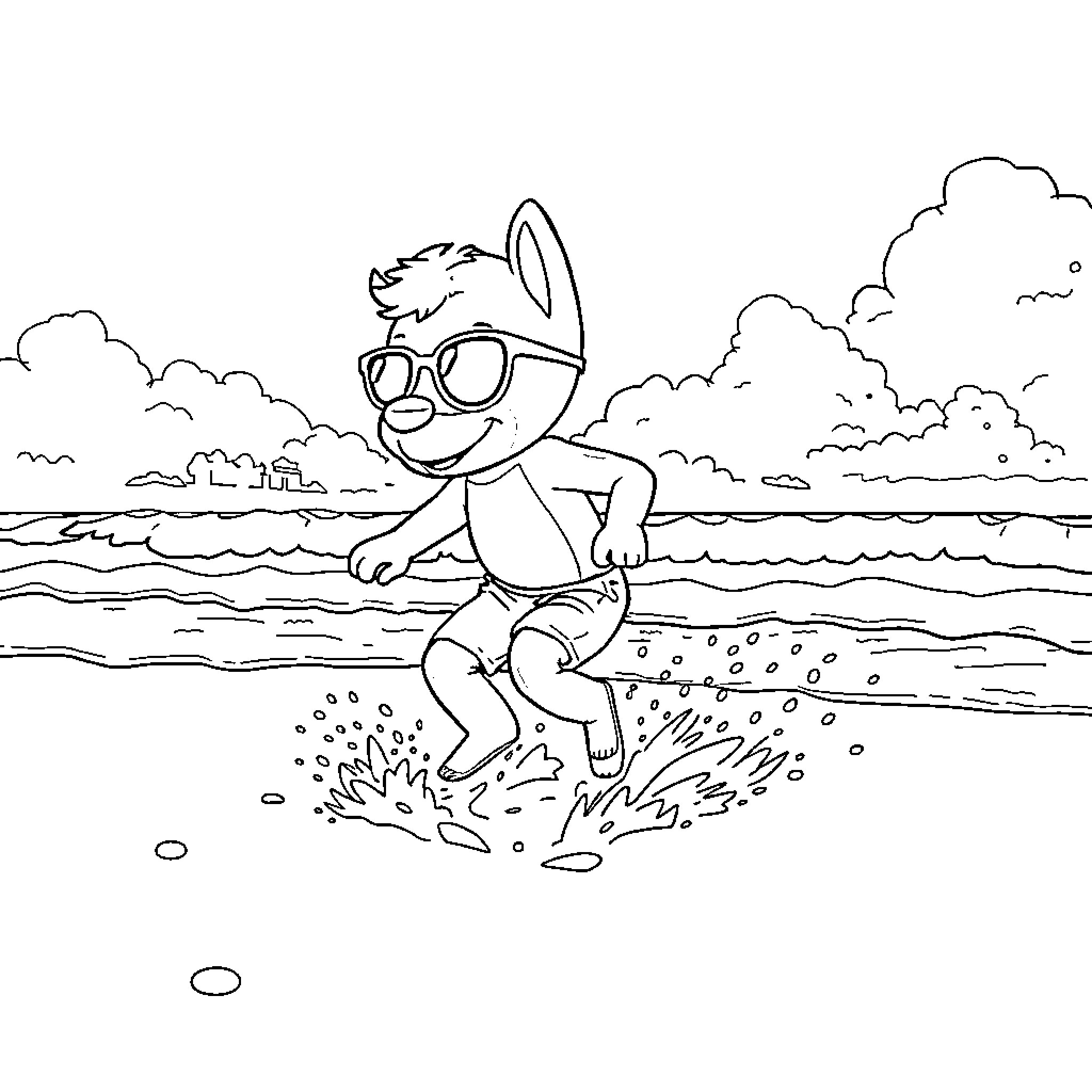 Bluey playing happily at the beach Coloring Page (free black-and-white line drawing printable PDF for all, from beginners to advanced learners, including children, teens, adults, and seniors)