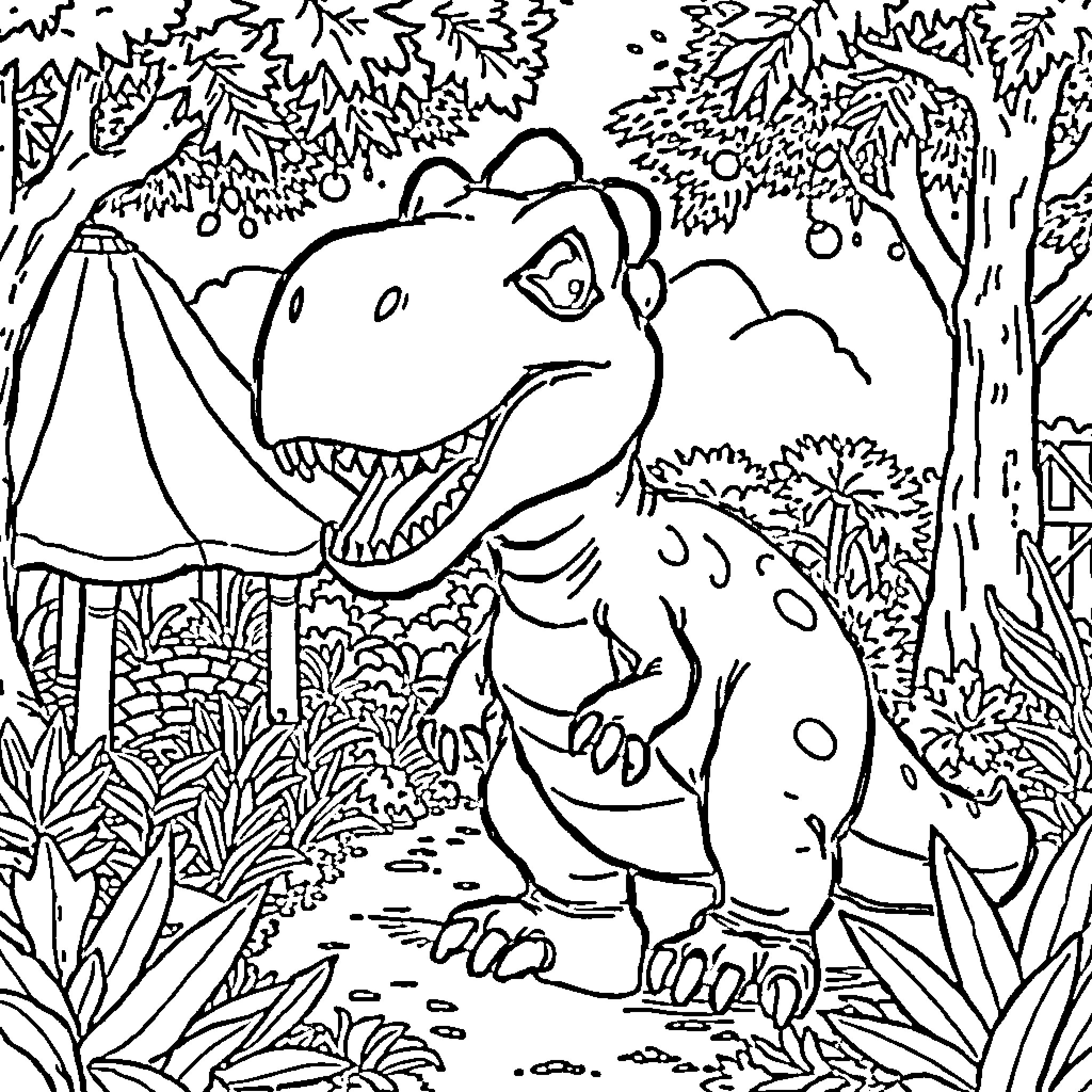 Dinosaur exploring the lush jungle landscape Coloring Page (free black-and-white line drawing printable PDF for all, from beginners to advanced learners, including children, teens, adults, and seniors)