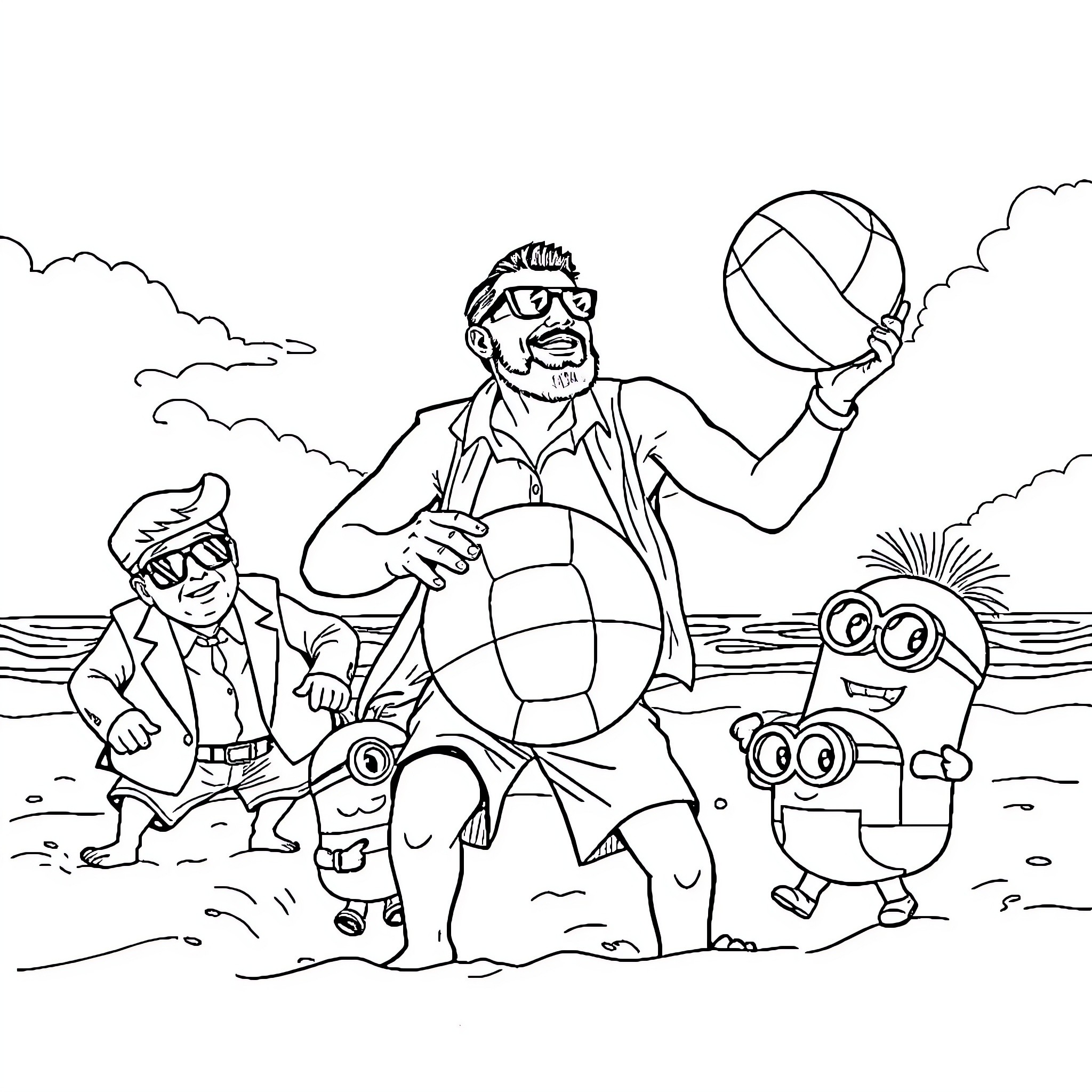Mexican men playing beach volleyball with friends Coloring Page (free black-and-white line drawing printable PDF for all, from beginners to advanced learners, including children, teens, adults, and seniors)