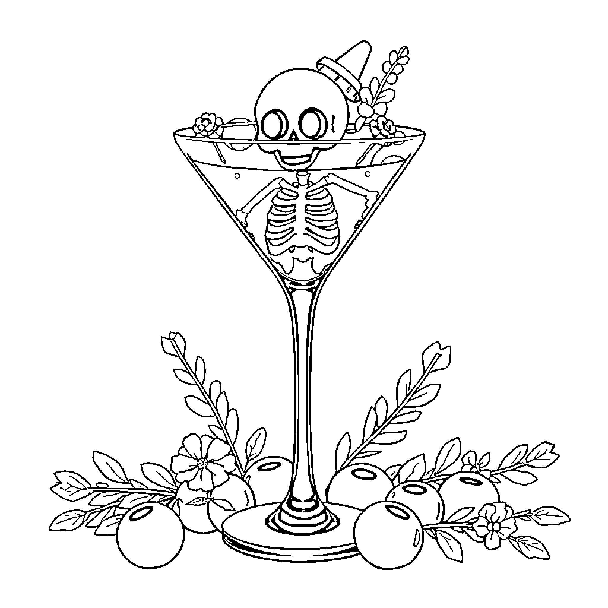 Skeleton enjoying a floral martini drink Coloring Page (free black-and-white line drawing printable PDF for all, from beginners to advanced learners, including children, teens, adults, and seniors)