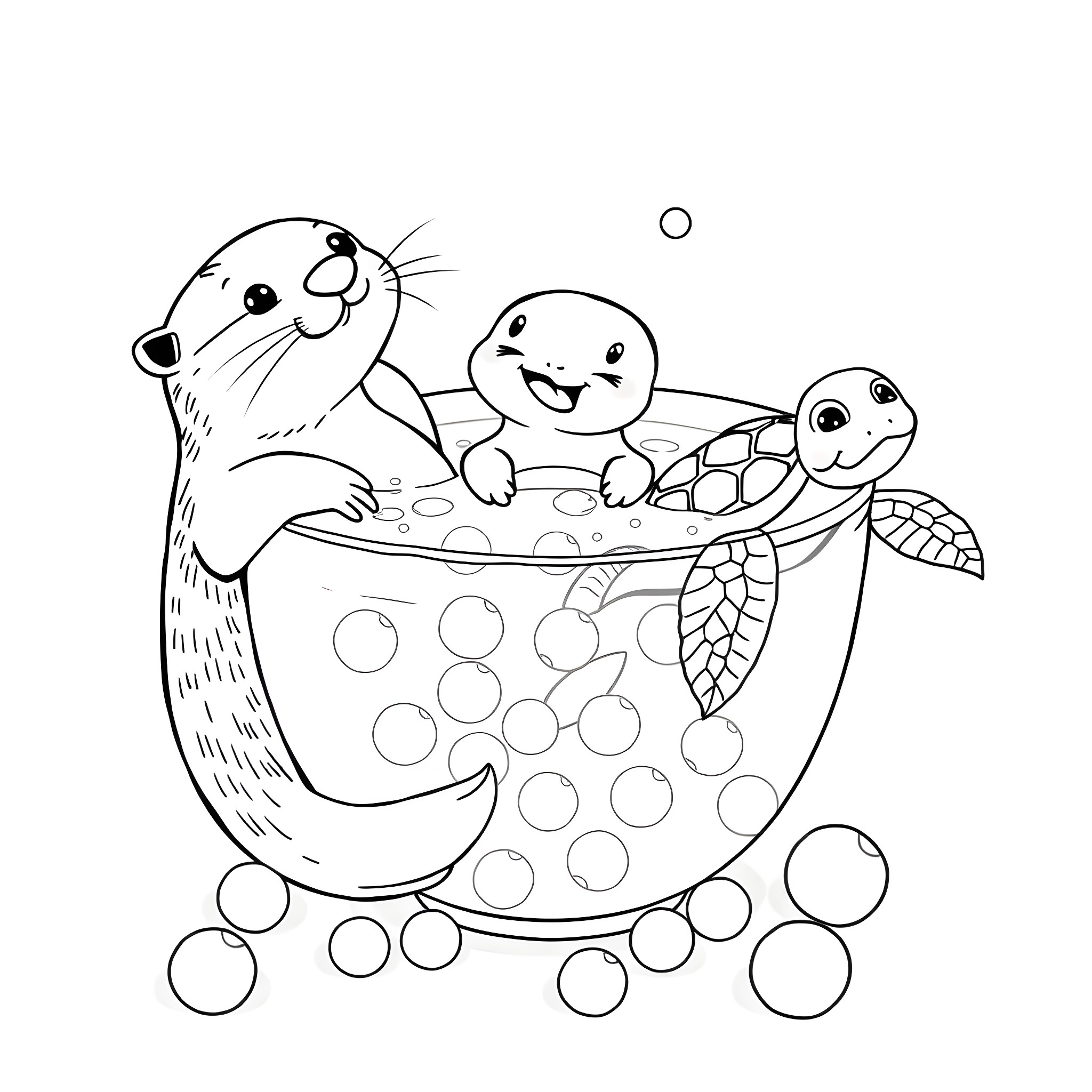 Otter, turtle, and fish playing in a bubble bath Coloring Page (free black-and-white line drawing printable PDF for all, from beginners to advanced learners, including children, teens, adults, and seniors)