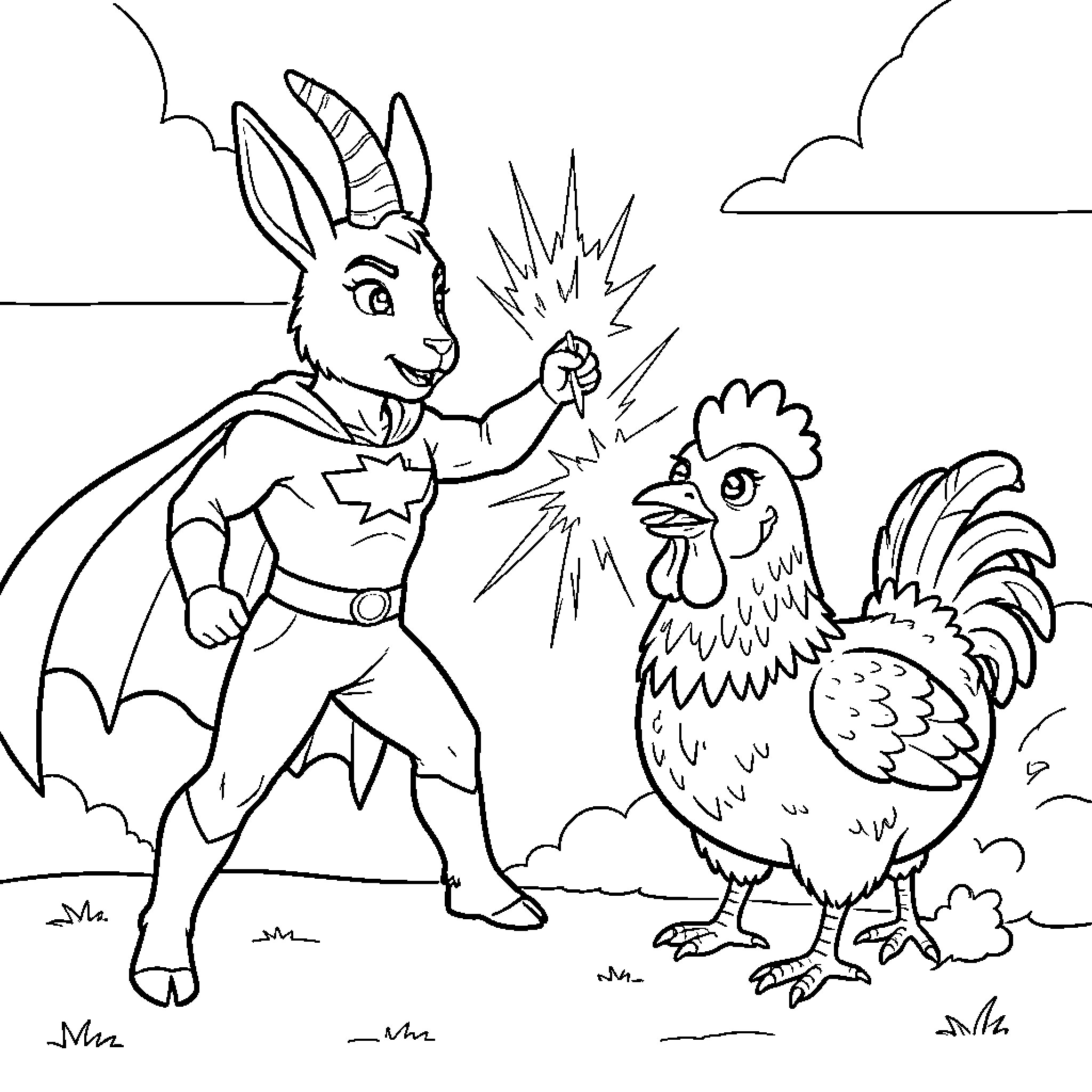 Chèvre dressed as a superhero interacting with a chicken Coloring Page (free black-and-white line drawing printable PDF for all, from beginners to advanced learners, including children, teens, adults, and seniors)