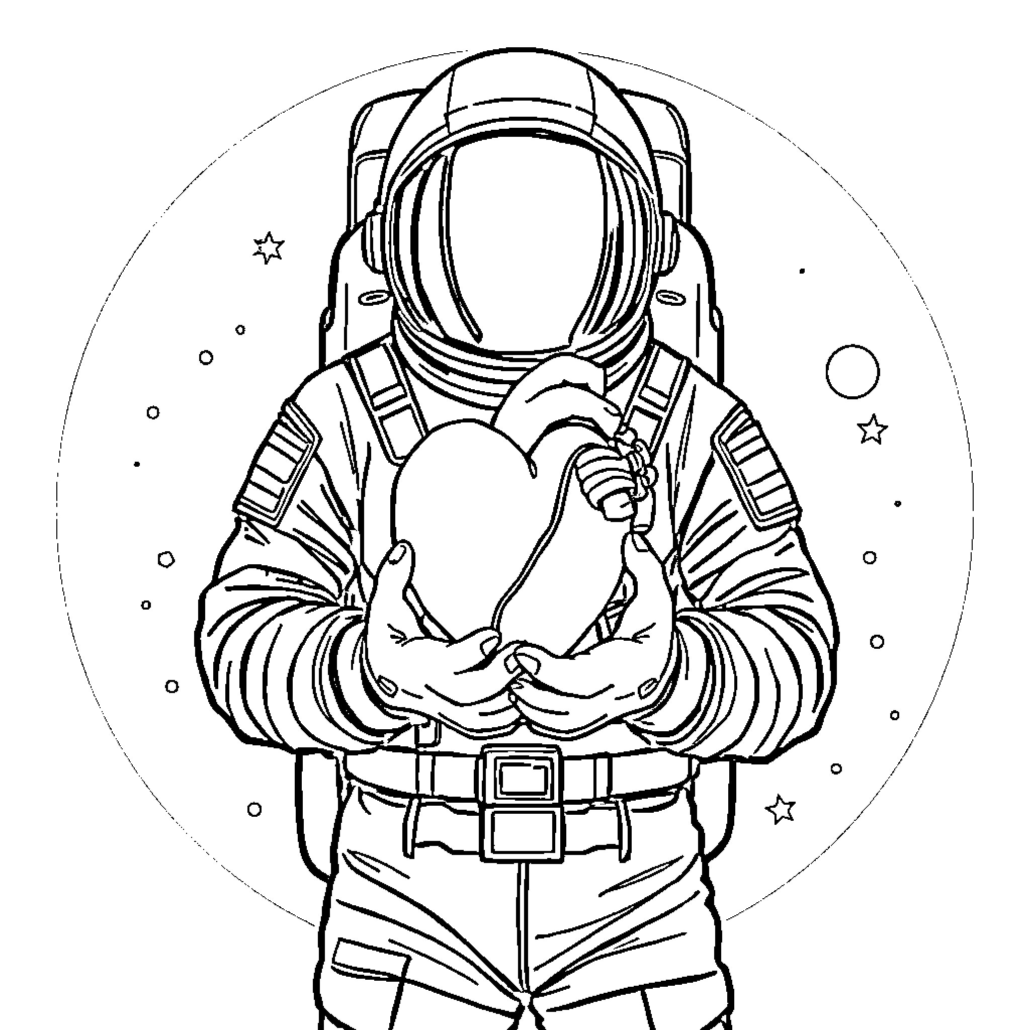 Astronaut holding a heart in the cosmos Coloring Page (free black-and-white line drawing printable PDF for all, from beginners to advanced learners, including children, teens, adults, and seniors)