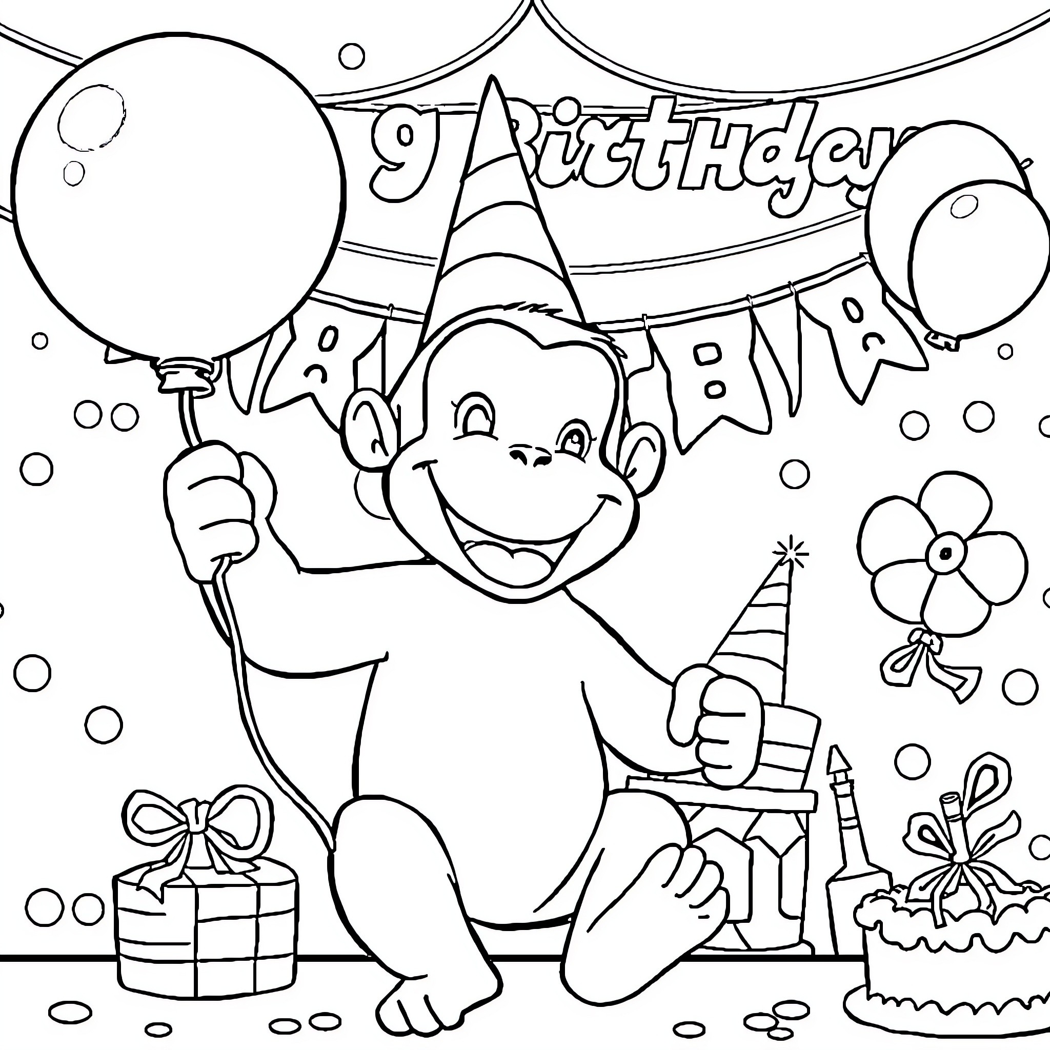 Curious George celebrating a birthday party Coloring Page (free black-and-white line drawing printable PDF for all, from beginners to advanced learners, including children, teens, adults, and seniors)
