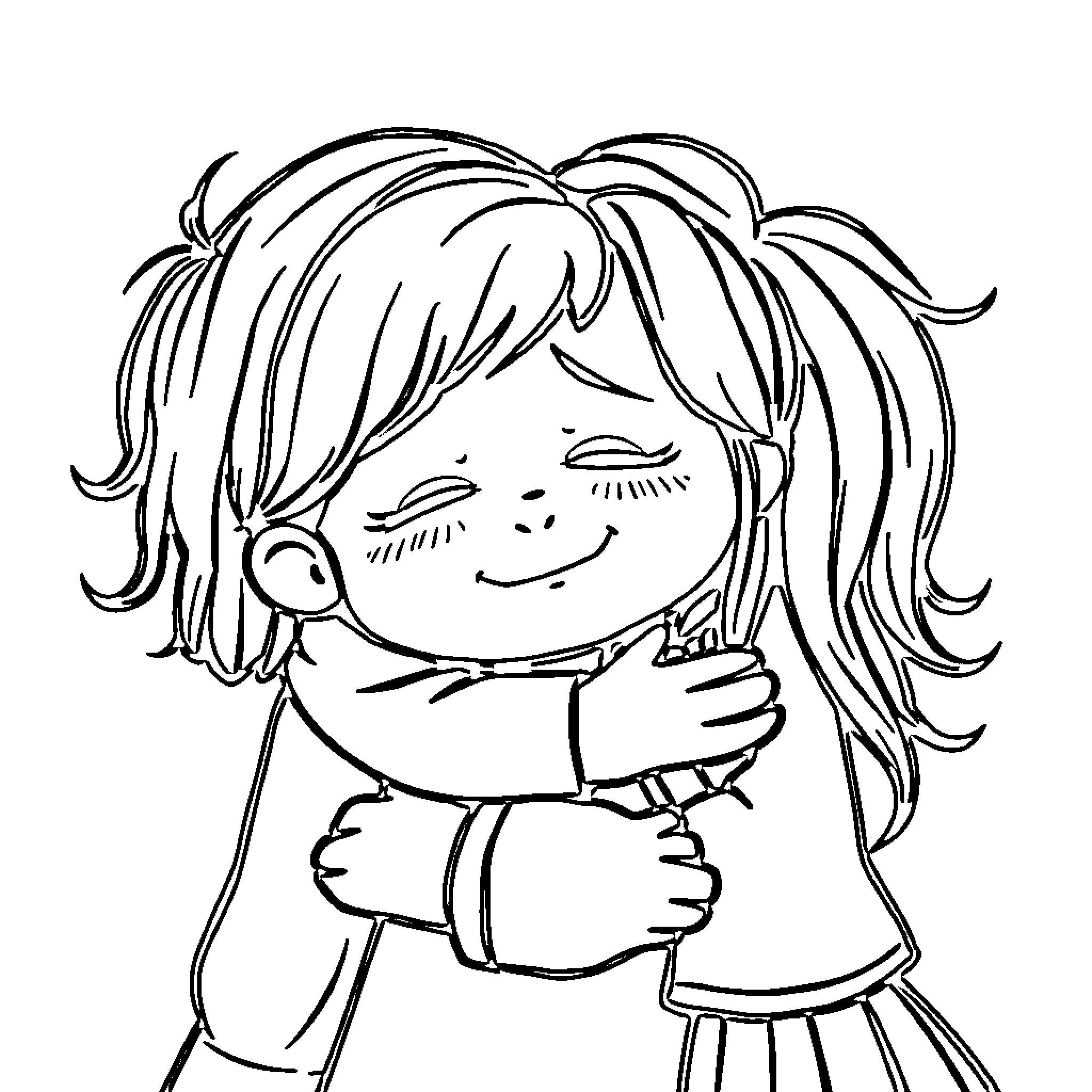 Child smiling and hugging herself Coloring Page (free black-and-white line drawing printable PDF for all, from beginners to advanced learners, including children, teens, adults, and seniors)
