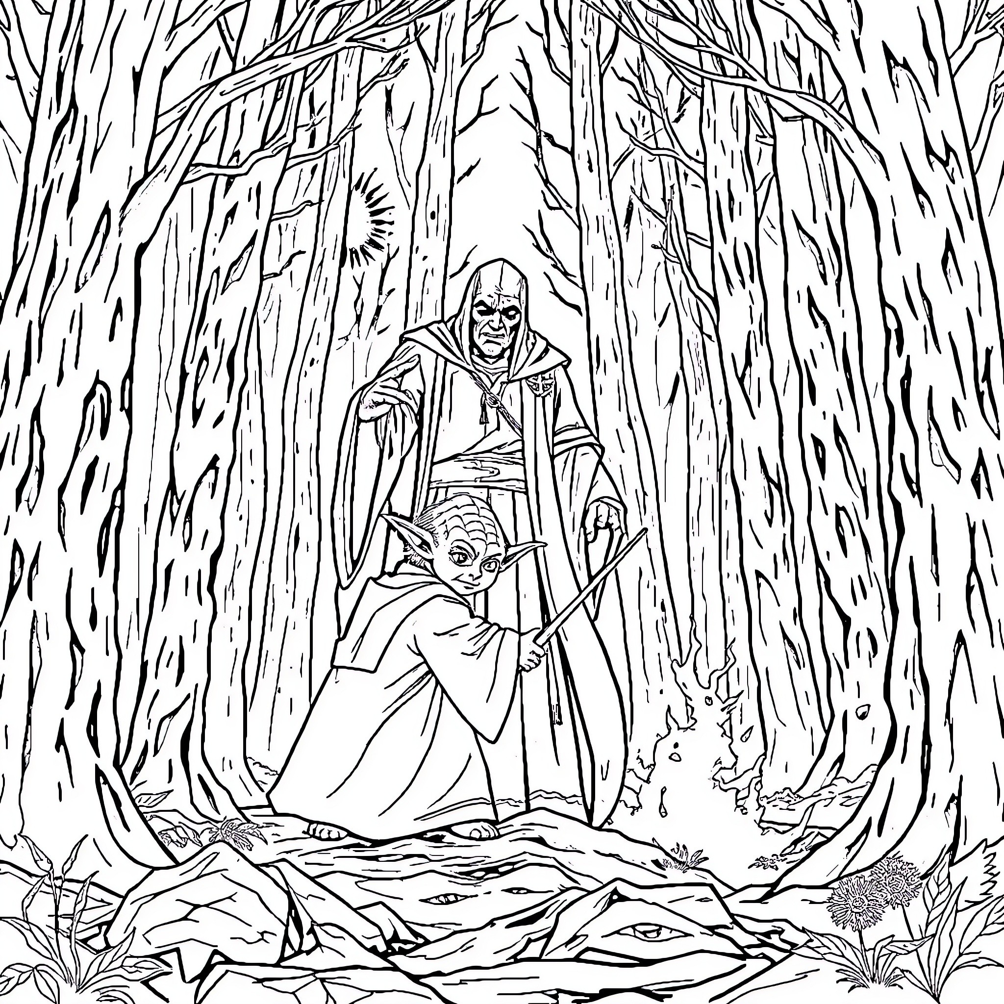 Yoda meditating in the mystical forest Coloring Page (free black-and-white line drawing printable PDF for all, from beginners to advanced learners, including children, teens, adults, and seniors)