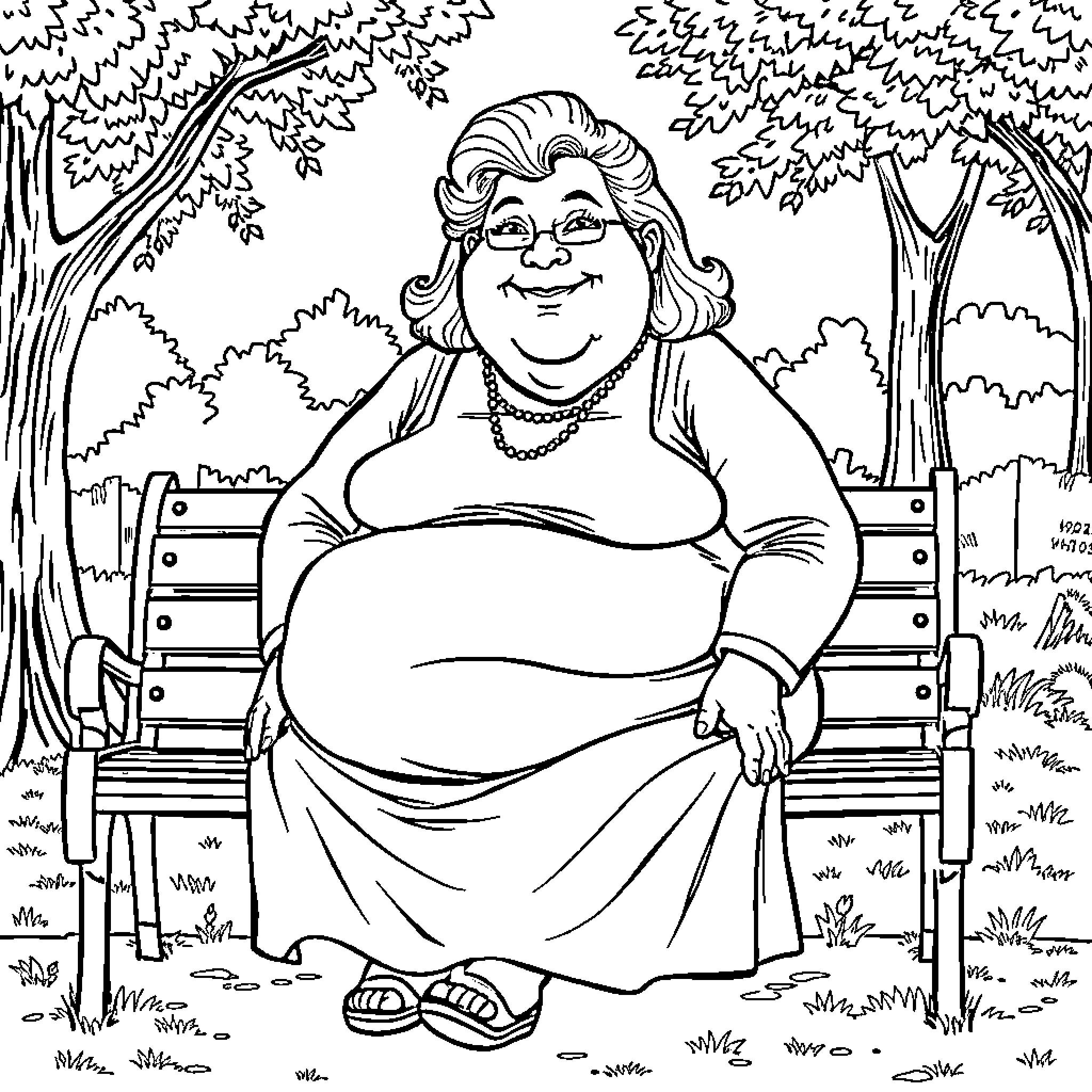 Lady in a cheerful mood on a park bench Coloring Page (free black-and-white line drawing printable PDF for all, from beginners to advanced learners, including children, teens, adults, and seniors)