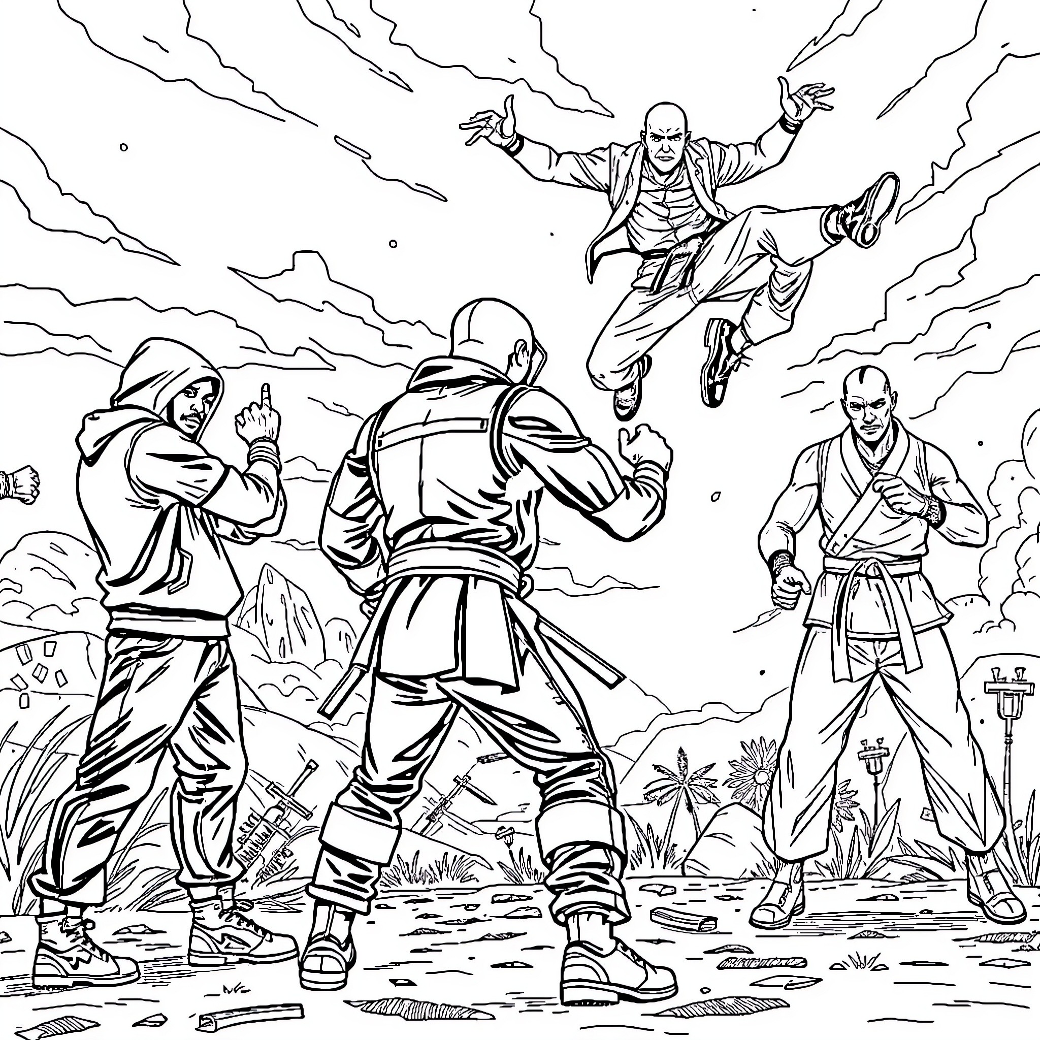 Fortnite characters in intense battle scene Coloring Page (free black-and-white line drawing printable PDF for all, from beginners to advanced learners, including children, teens, adults, and seniors)