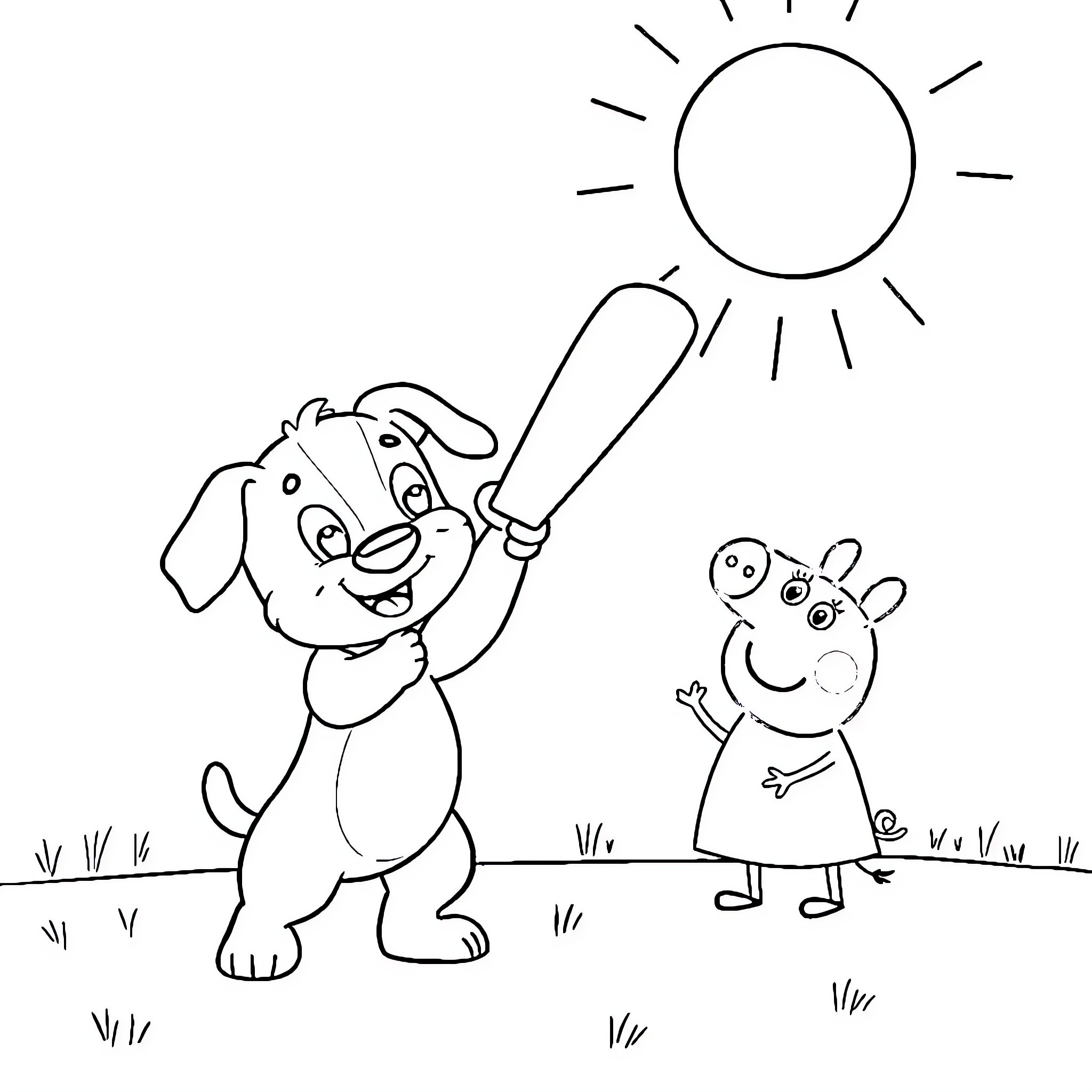 Bluey and her friend playing under the sun Coloring Page (free black-and-white line drawing printable PDF for all, from beginners to advanced learners, including children, teens, adults, and seniors)