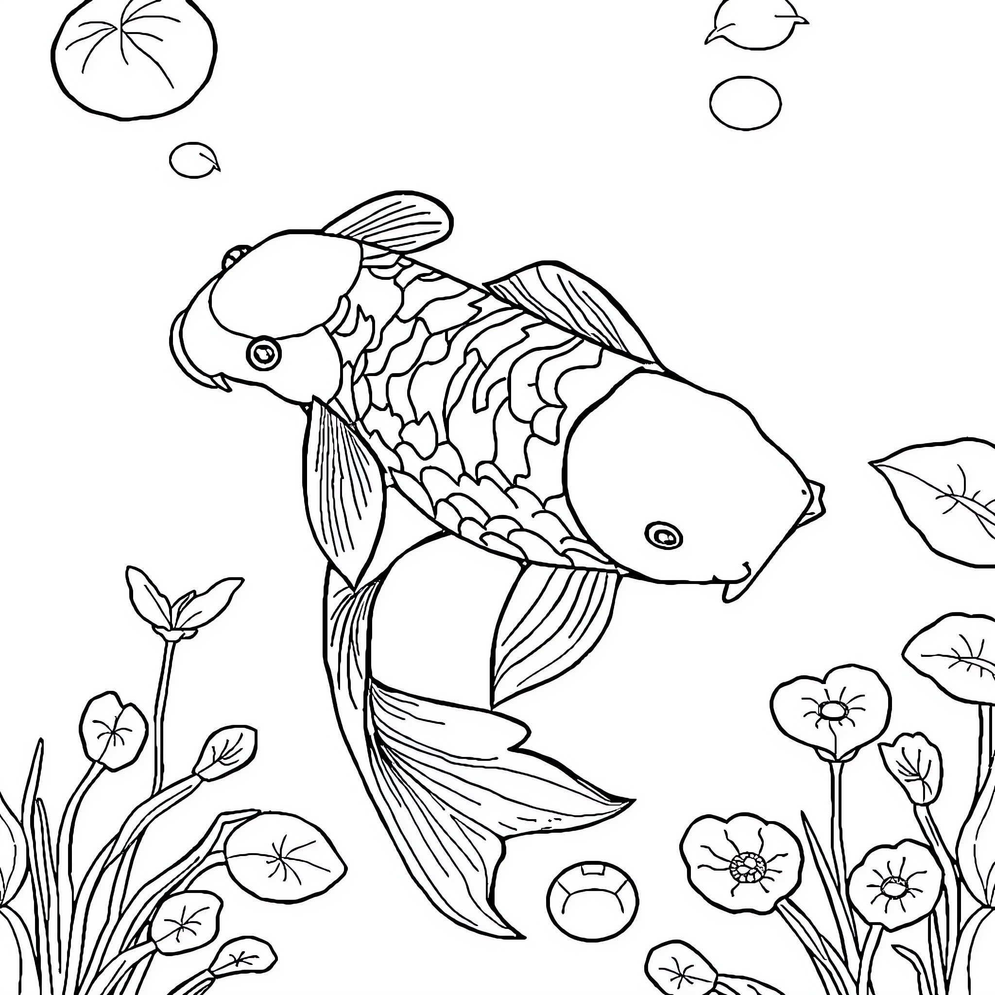 Koi swimming amidst blooming flowers Coloring Page (free black-and-white line drawing printable PDF for all, from beginners to advanced learners, including children, teens, adults, and seniors)
