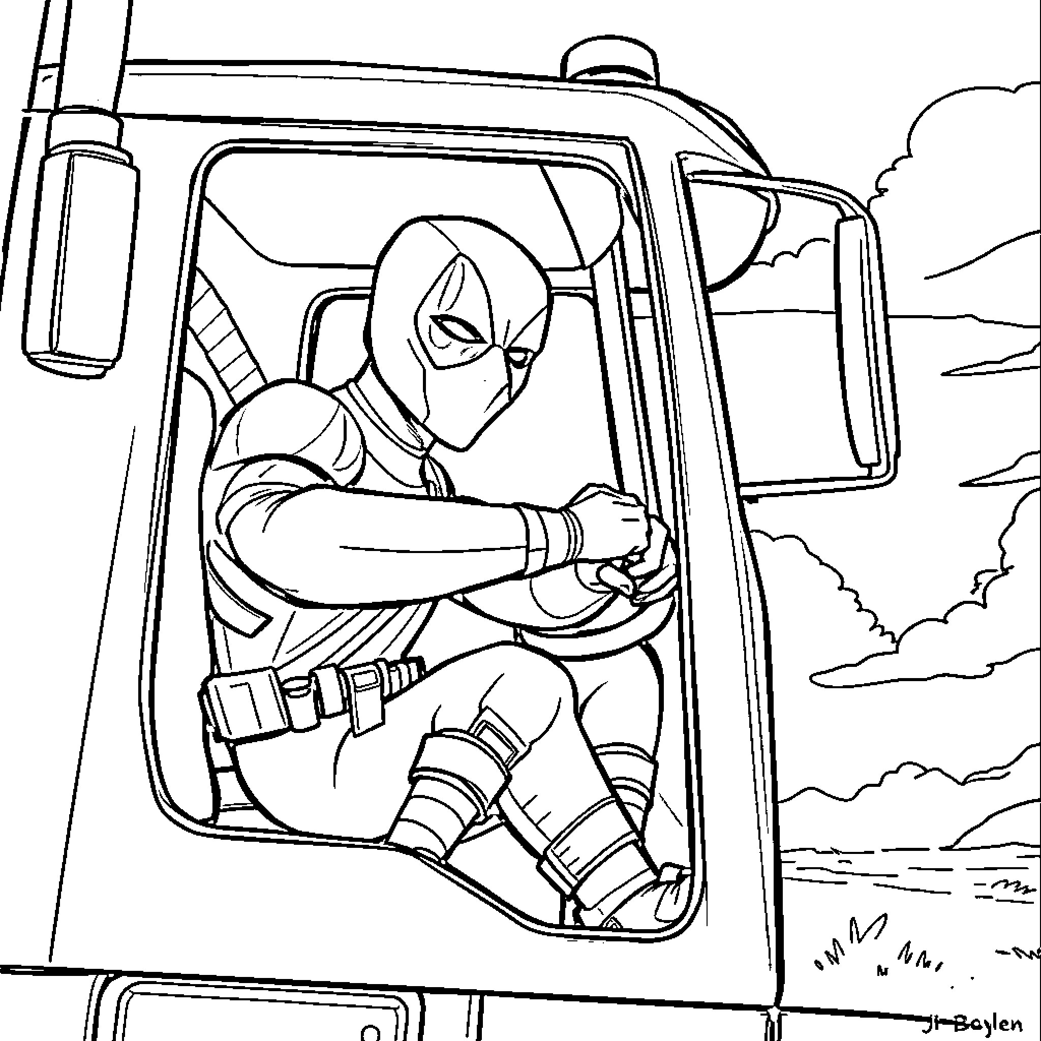 Deadpool driving heroically in the wilderness Coloring Page (free black-and-white line drawing printable PDF for all, from beginners to advanced learners, including children, teens, adults, and seniors)
