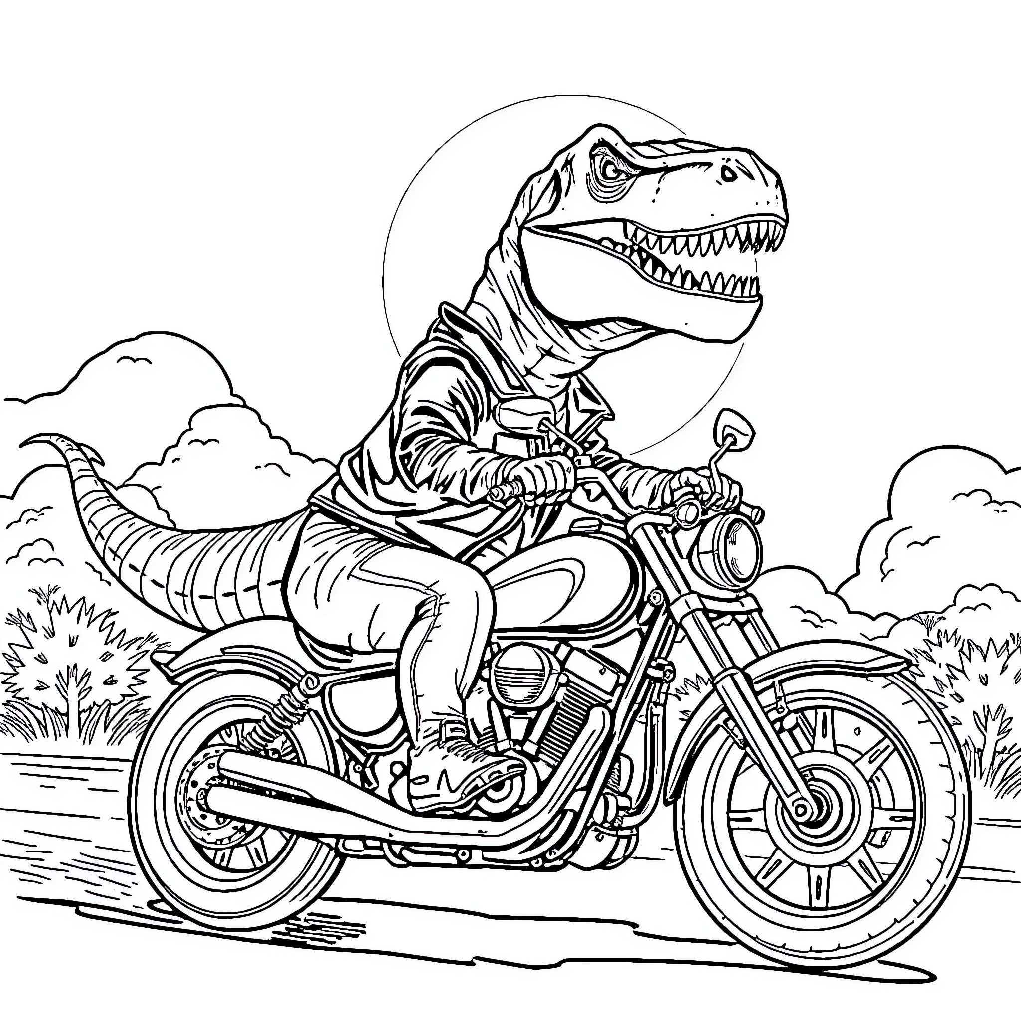 T-Rex riding a motorcycle in the countryside Coloring Page (free black-and-white line drawing printable PDF for all, from beginners to advanced learners, including children, teens, adults, and seniors)