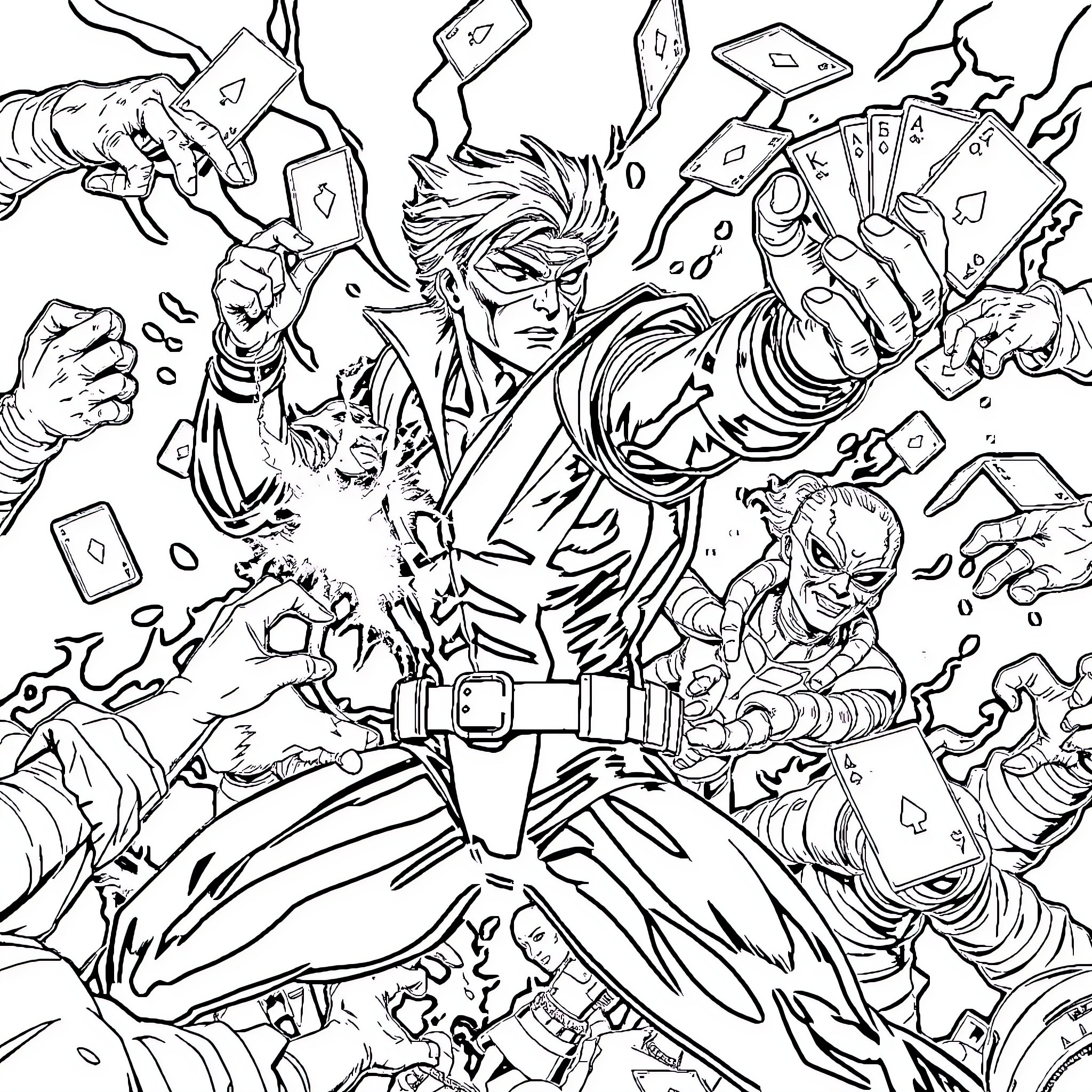 Gambit's Explosive Card Tricks Amidst Chaos Coloring Page (free black-and-white line drawing printable PDF for all, from beginners to advanced learners, including children, teens, adults, and seniors)