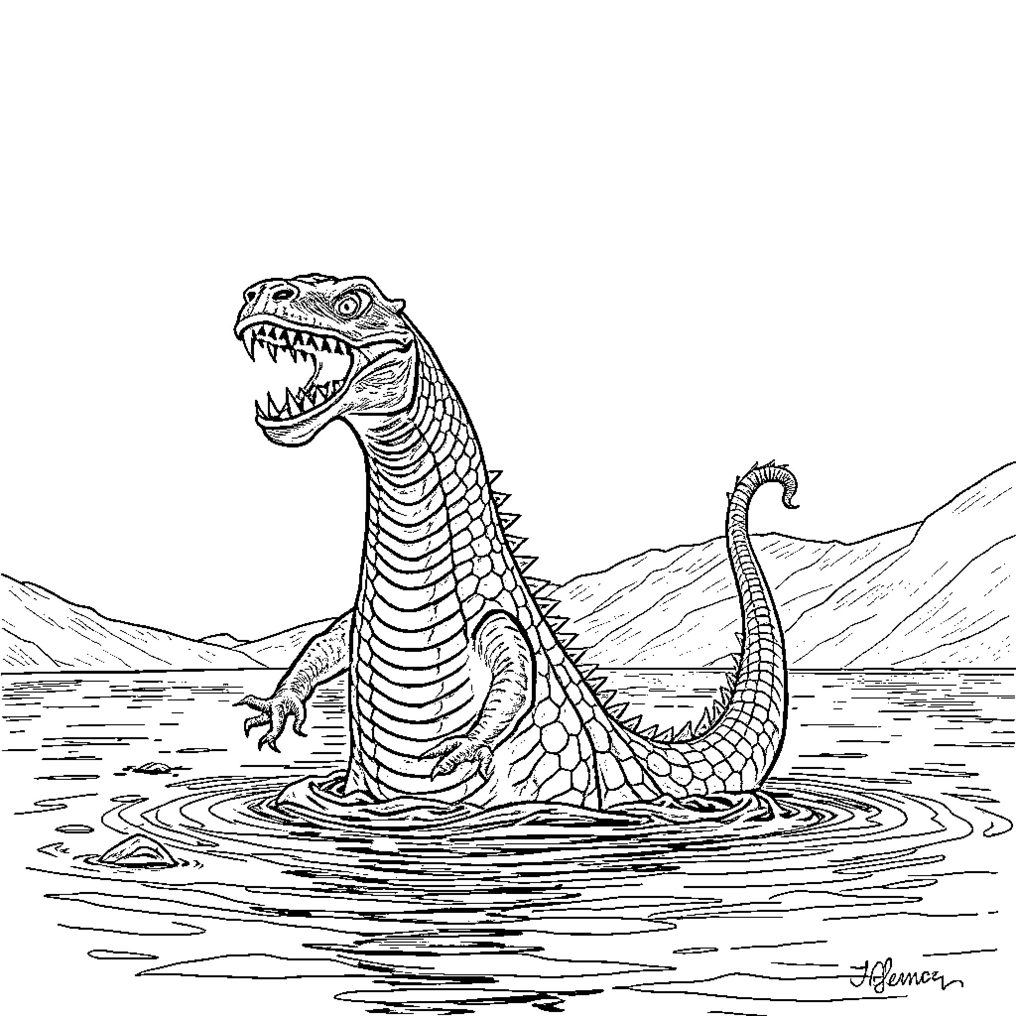Loch Ness Monster emerging from the depths Coloring Page (free black-and-white line drawing printable PDF for all, from beginners to advanced learners, including children, teens, adults, and seniors)