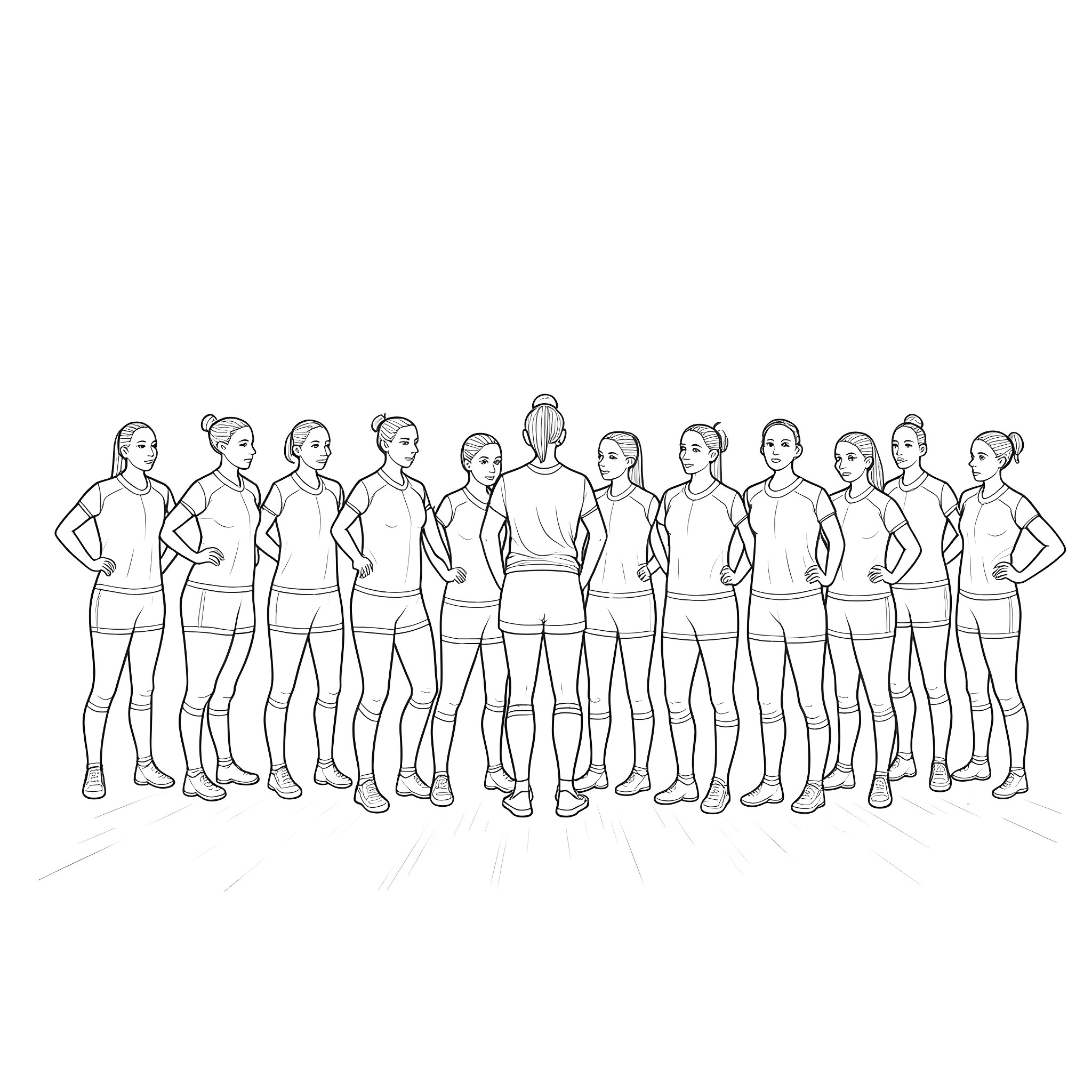 Rugbywoman athletes in uniform with determination Coloring Page (free black-and-white line drawing printable PDF for all, from beginners to advanced learners, including children, teens, adults, and seniors)