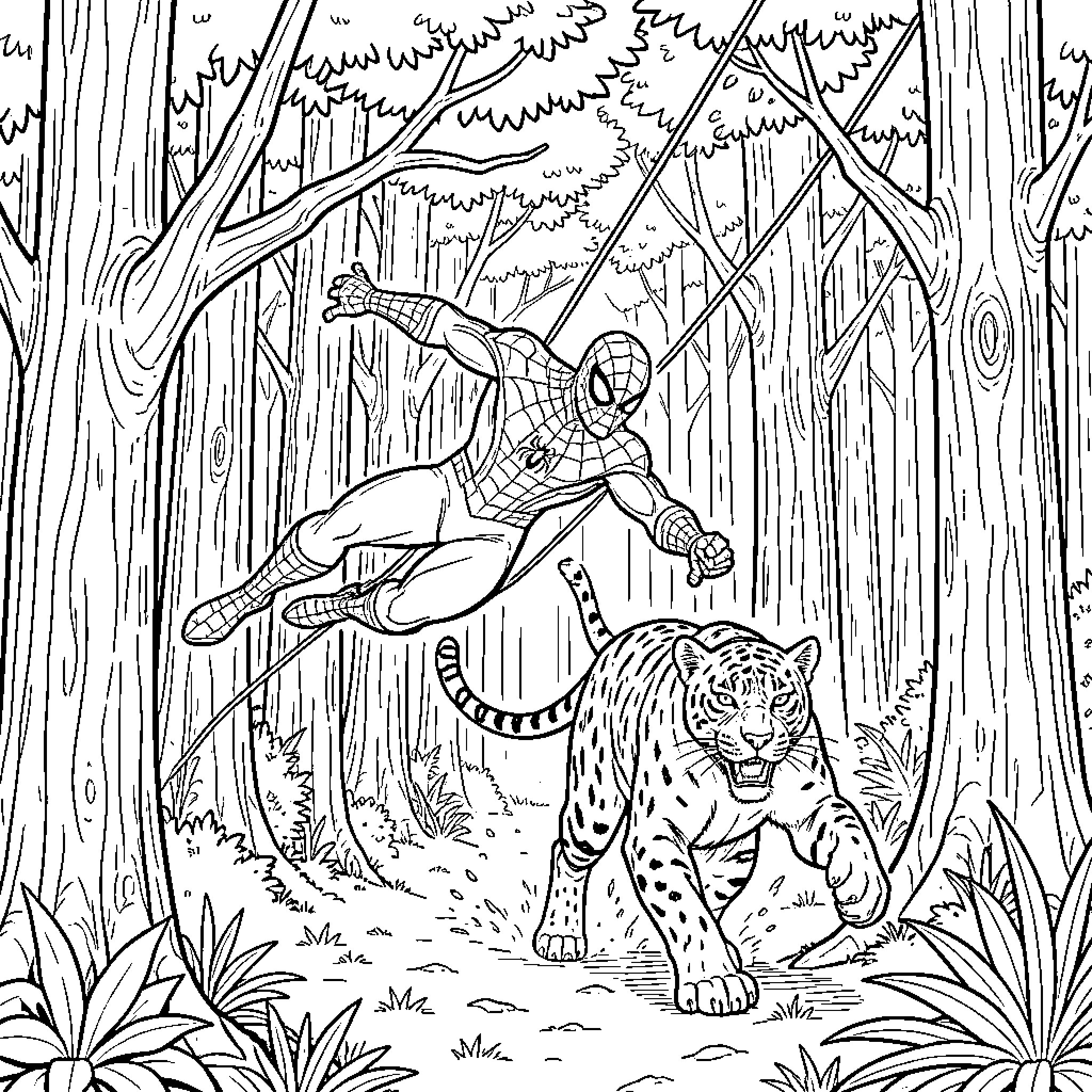Spiderman swinging through a dense jungle forest Coloring Page (free black-and-white line drawing printable PDF for all, from beginners to advanced learners, including children, teens, adults, and seniors)