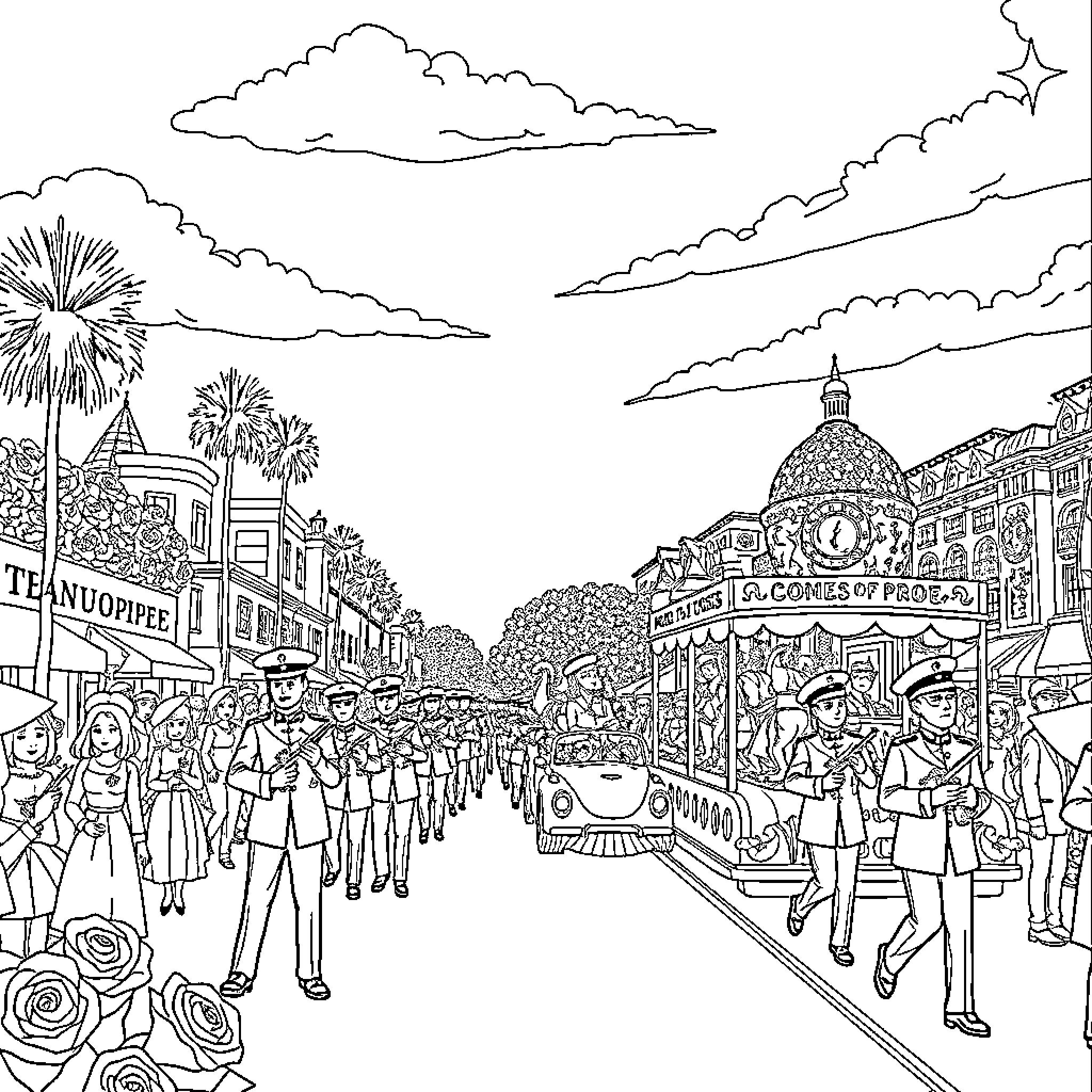 Rose-themed Parade with Marching Band and Floats Coloring Page (free black-and-white line drawing printable PDF for all, from beginners to advanced learners, including children, teens, adults, and seniors)