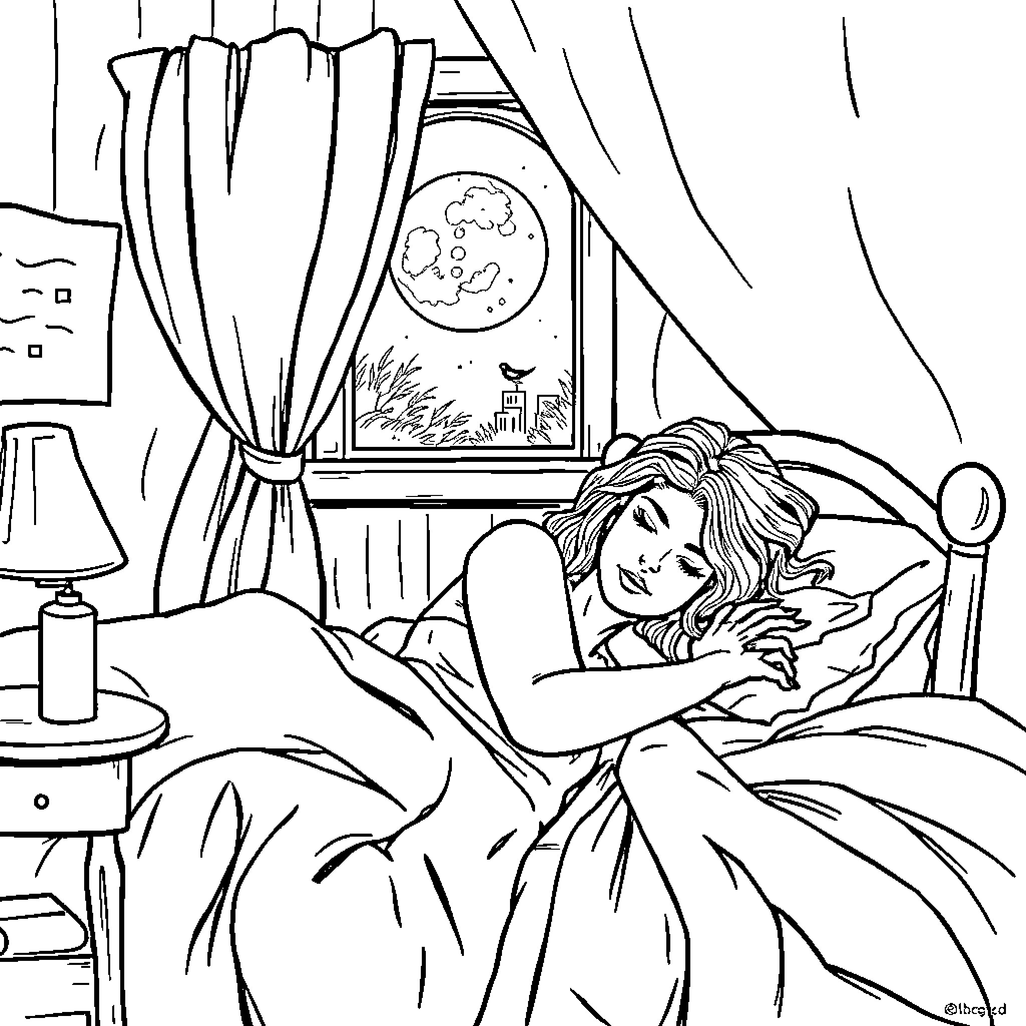 Buffy resting peacefully in her bedroom Coloring Page (free black-and-white line drawing printable PDF for all, from beginners to advanced learners, including children, teens, adults, and seniors)