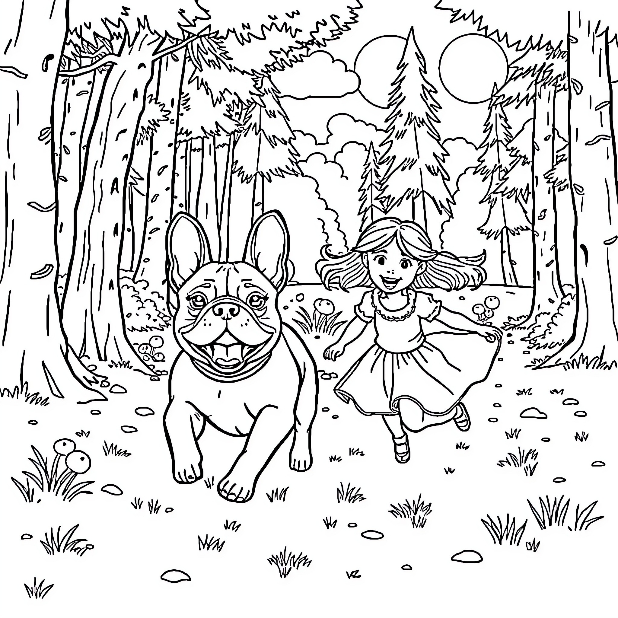 French Bulldog playing with girl in the forest Coloring Page (free black-and-white line drawing printable PDF for all, from beginners to advanced learners, including children, teens, adults, and seniors)
