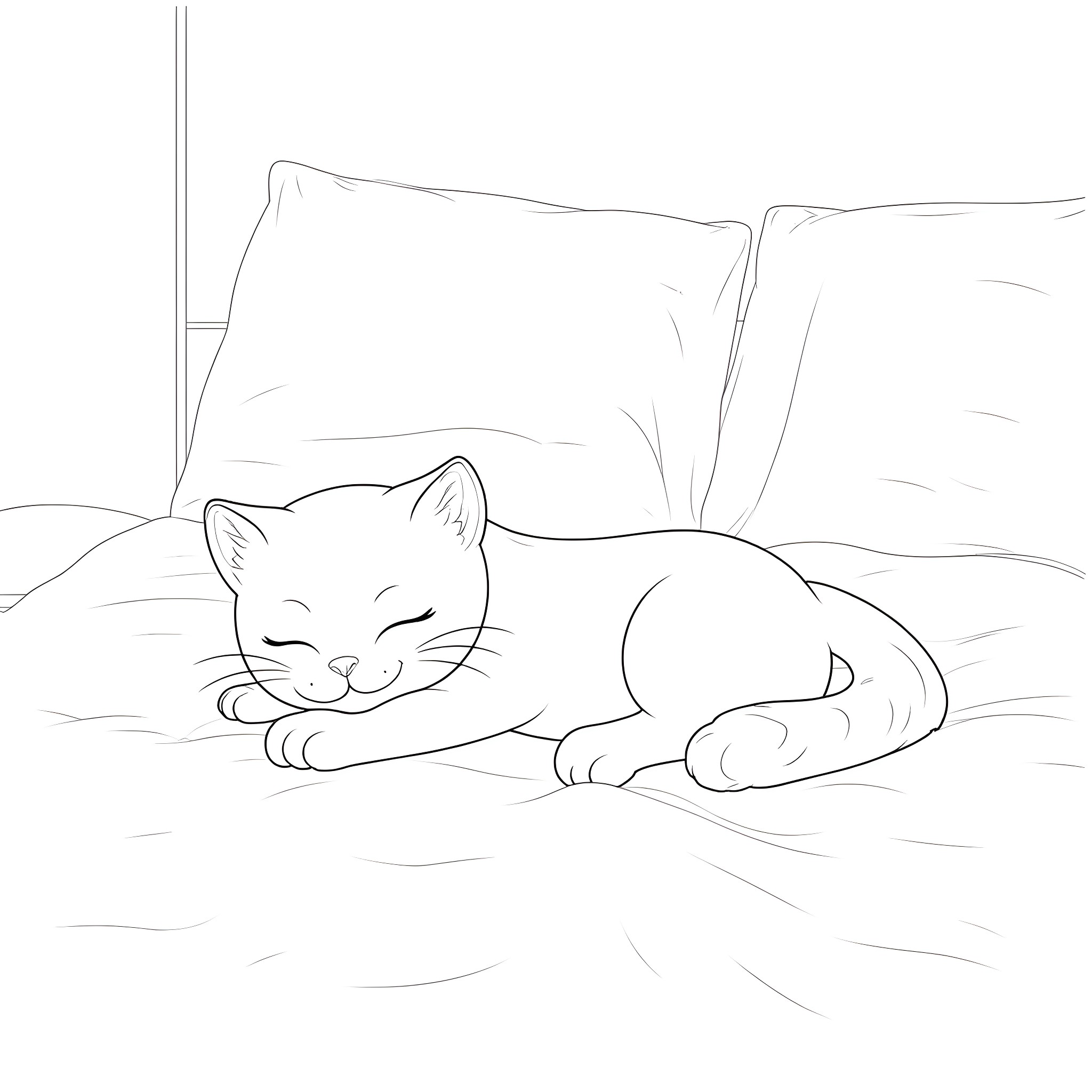 Kitty snoozing peacefully on cozy bed Coloring Page (free black-and-white line drawing printable PDF for all, from beginners to advanced learners, including children, teens, adults, and seniors)