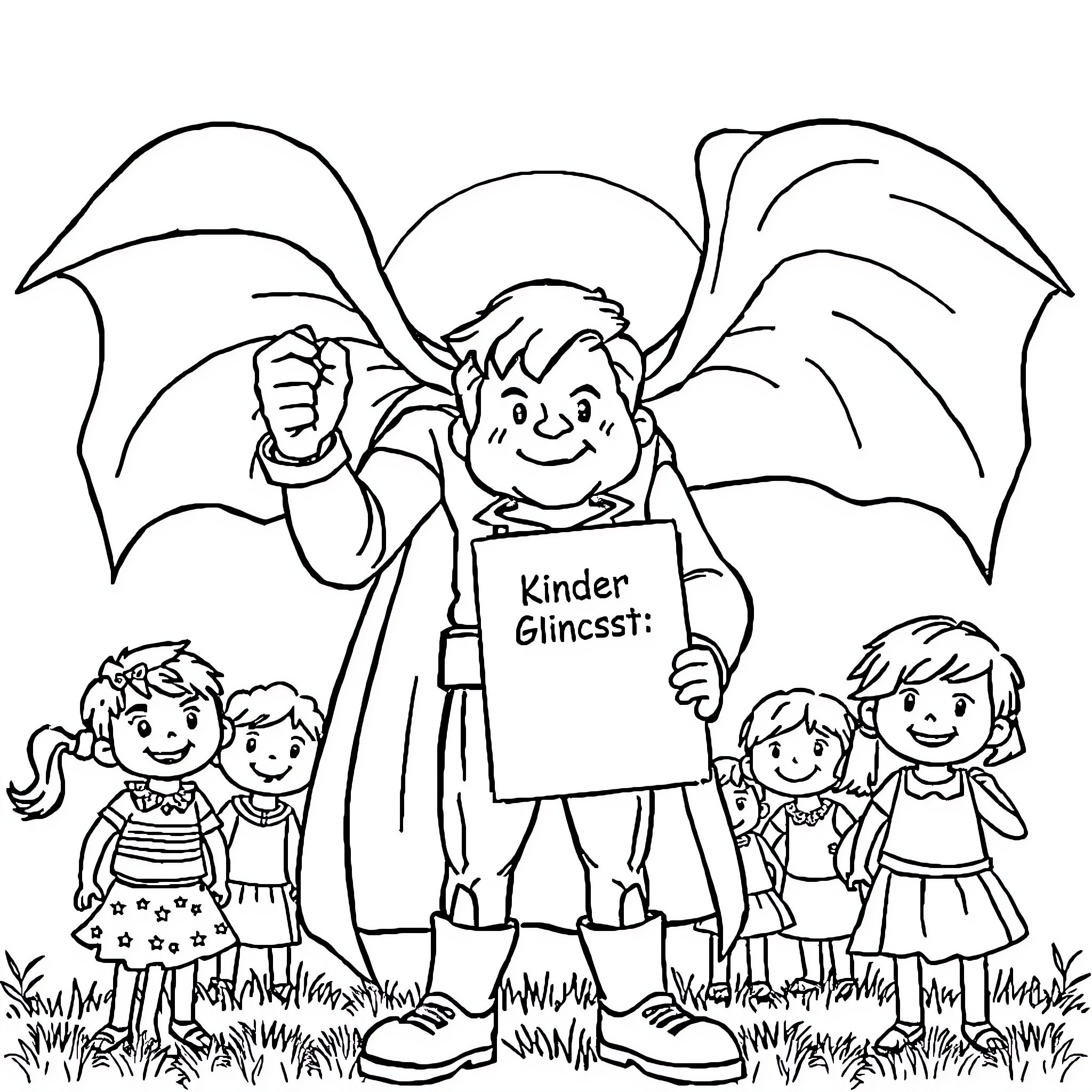 Leon the Friendly Kinder Ginest Visits Children Coloring Page (free black-and-white line drawing printable PDF for all, from beginners to advanced learners, including children, teens, adults, and seniors)