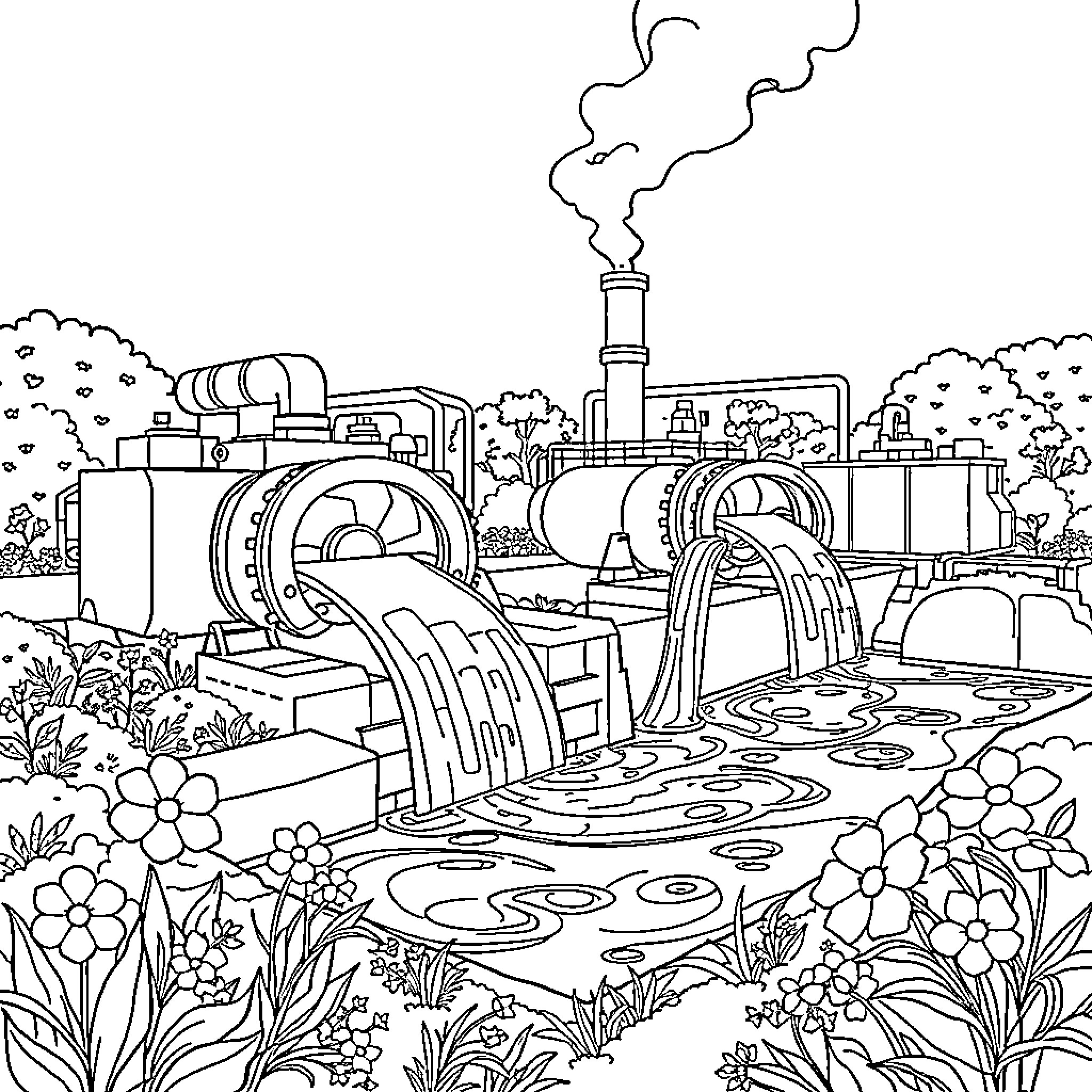 Sewage Treatment Plant: Flowing Waters and Industrial Scenes Coloring Page (free black-and-white line drawing printable PDF for all, from beginners to advanced learners, including children, teens, adults, and seniors)