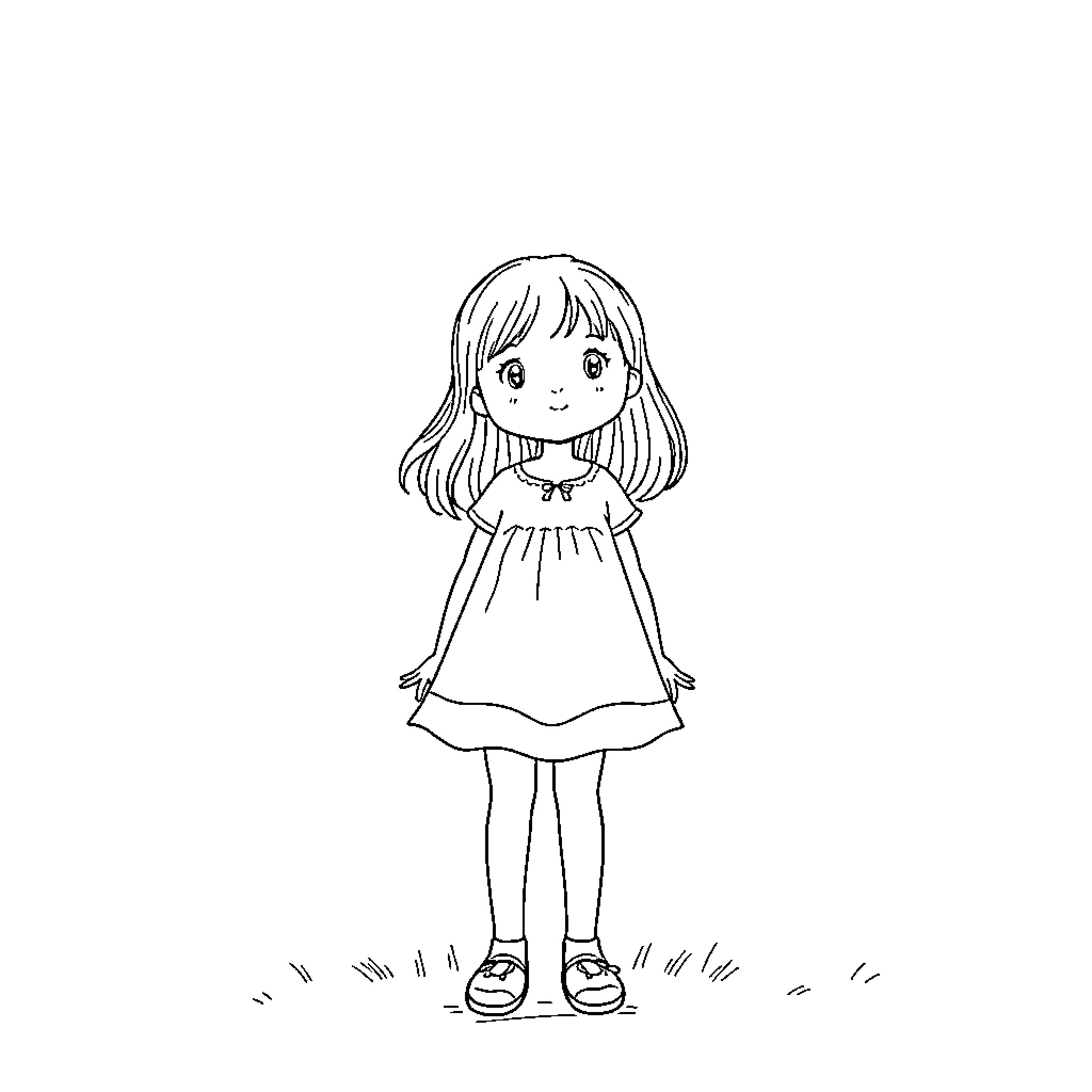 Girl in Casual Dress Standing Coloring Page (free black-and-white line drawing printable PDF for all, from beginners to advanced learners, including children, teens, adults, and seniors)