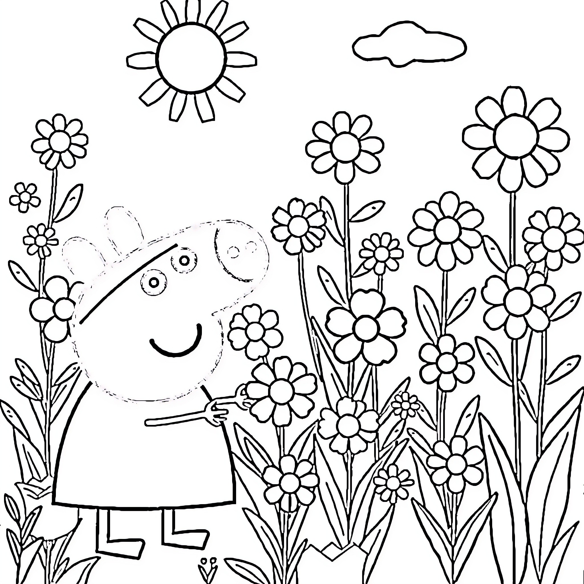 Peppa Pig playing in a field of flowers Coloring Page (free black-and-white line drawing printable PDF for all, from beginners to advanced learners, including children, teens, adults, and seniors)