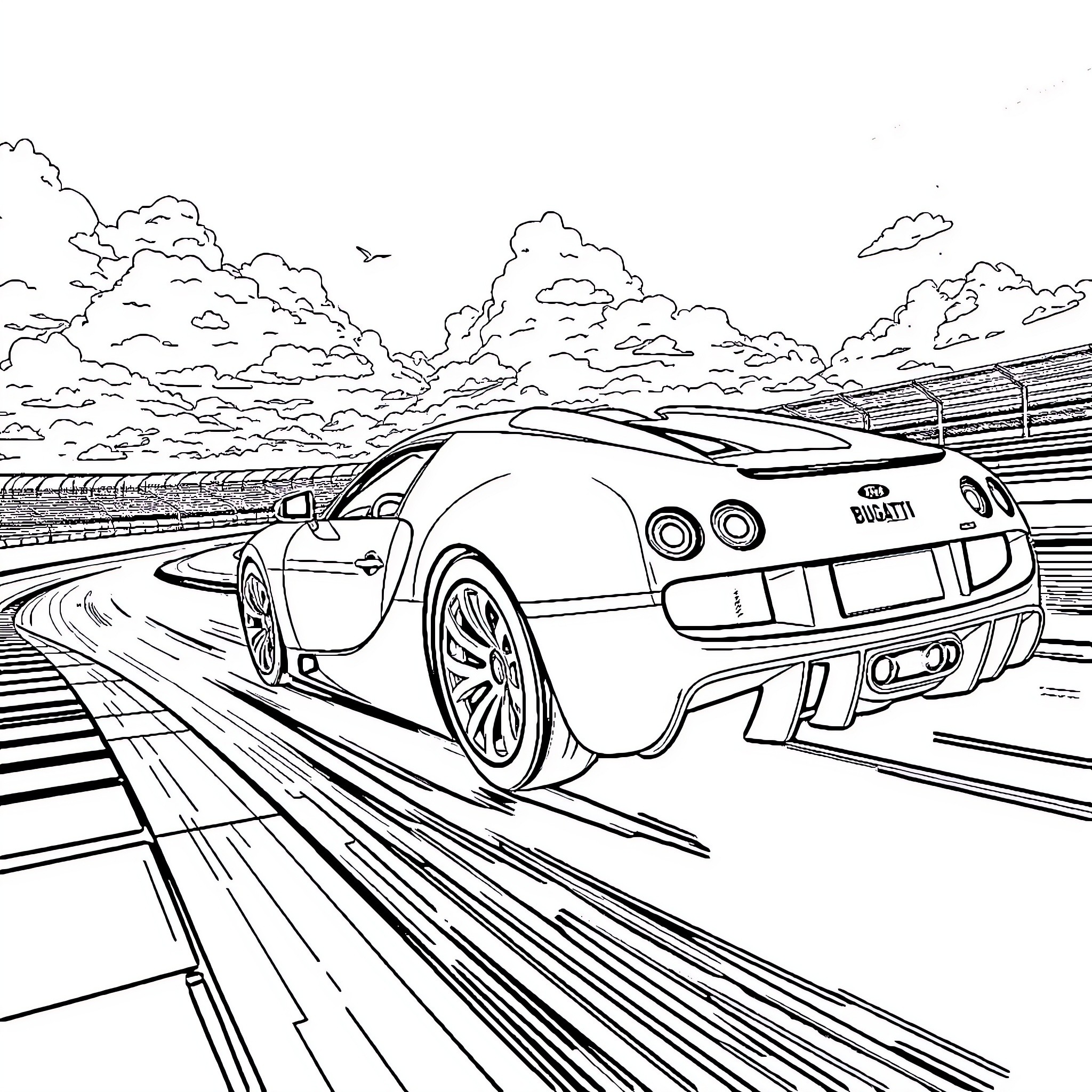 Bugatti racing on the track with dramatic scenery Coloring Page (free black-and-white line drawing printable PDF for all, from beginners to advanced learners, including children, teens, adults, and seniors)