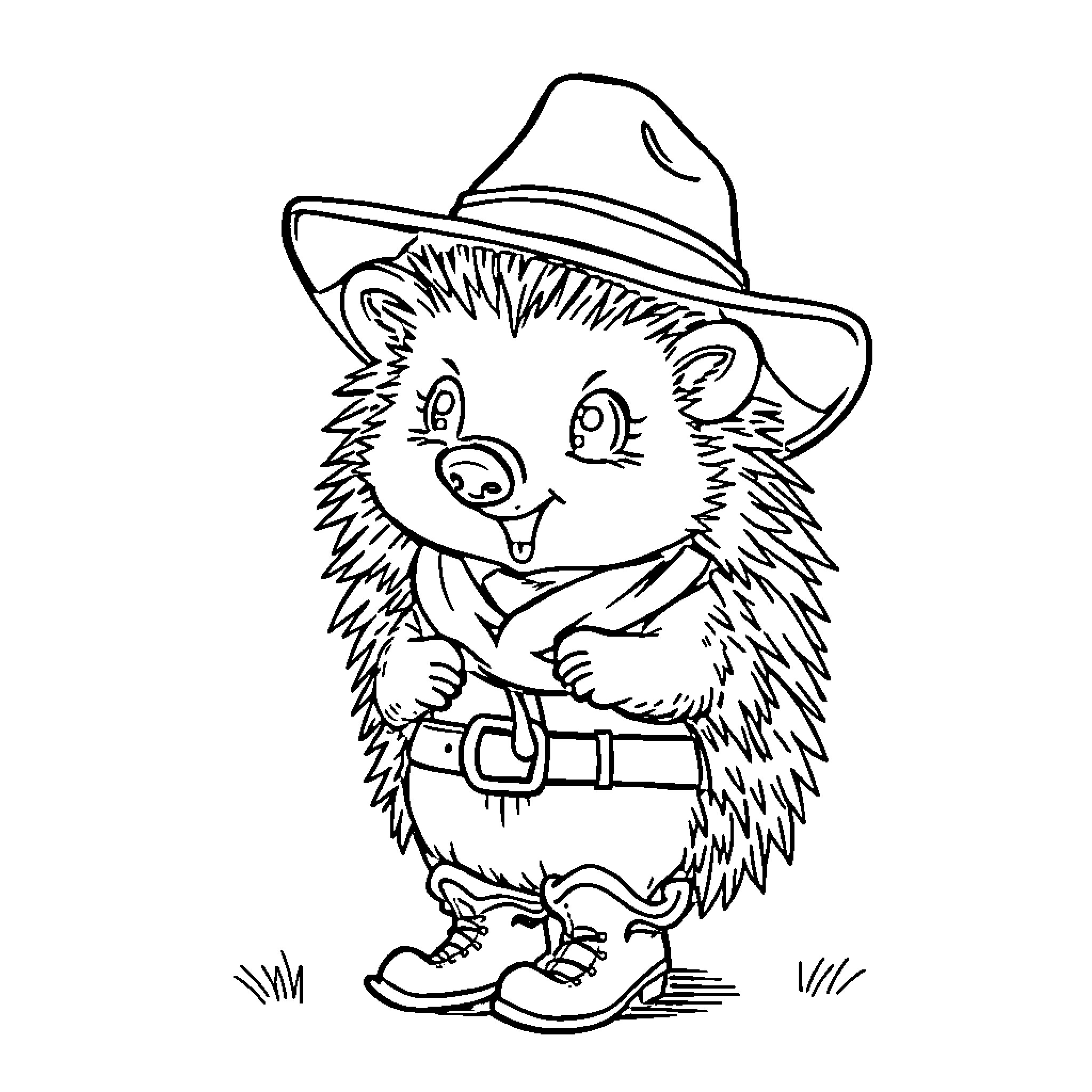 Hedgehog explorer in adventurous outfit Coloring Page (free black-and-white line drawing printable PDF for all, from beginners to advanced learners, including children, teens, adults, and seniors)