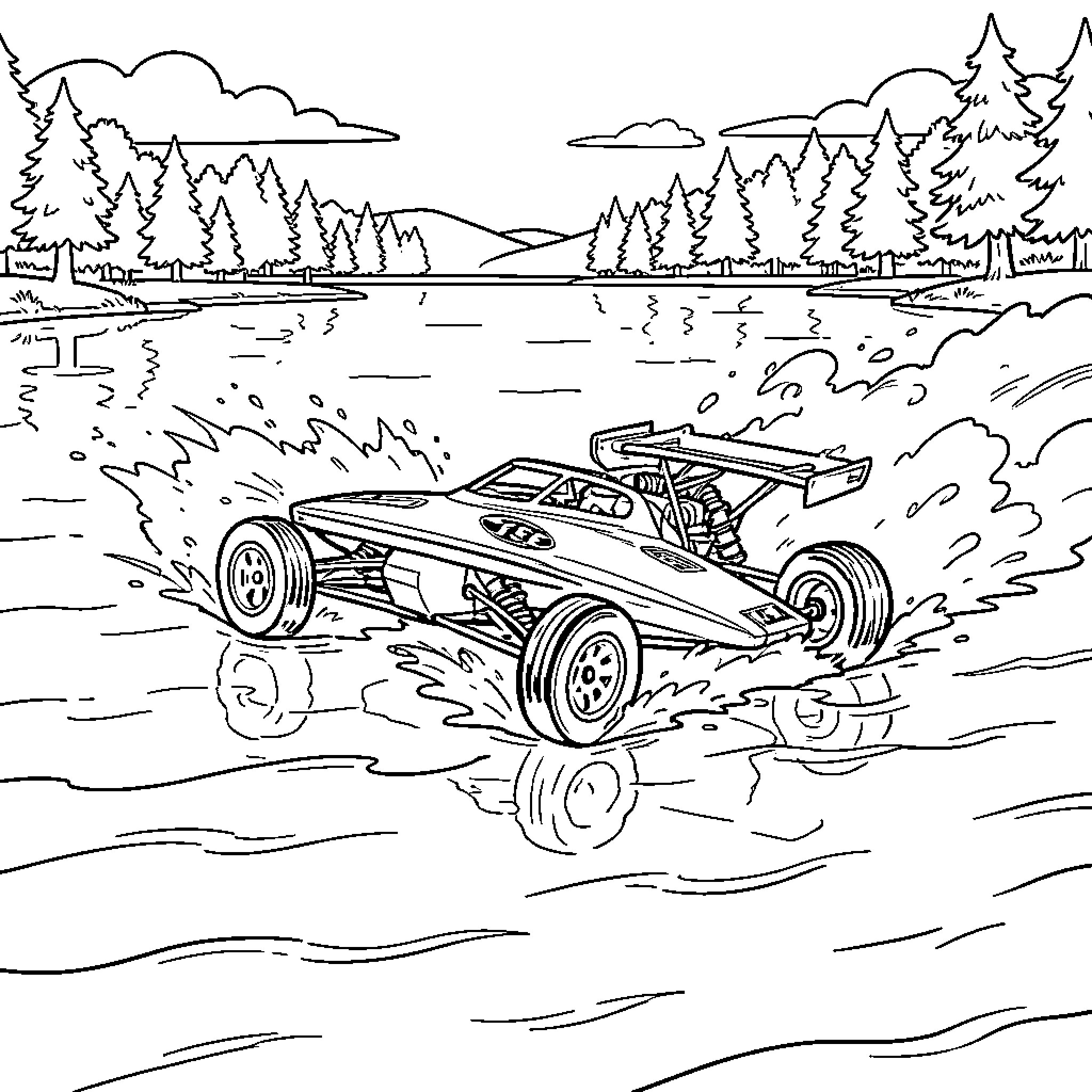 RC Boat racing through splashing water near trees Coloring Page (free black-and-white line drawing printable PDF for all, from beginners to advanced learners, including children, teens, adults, and seniors)