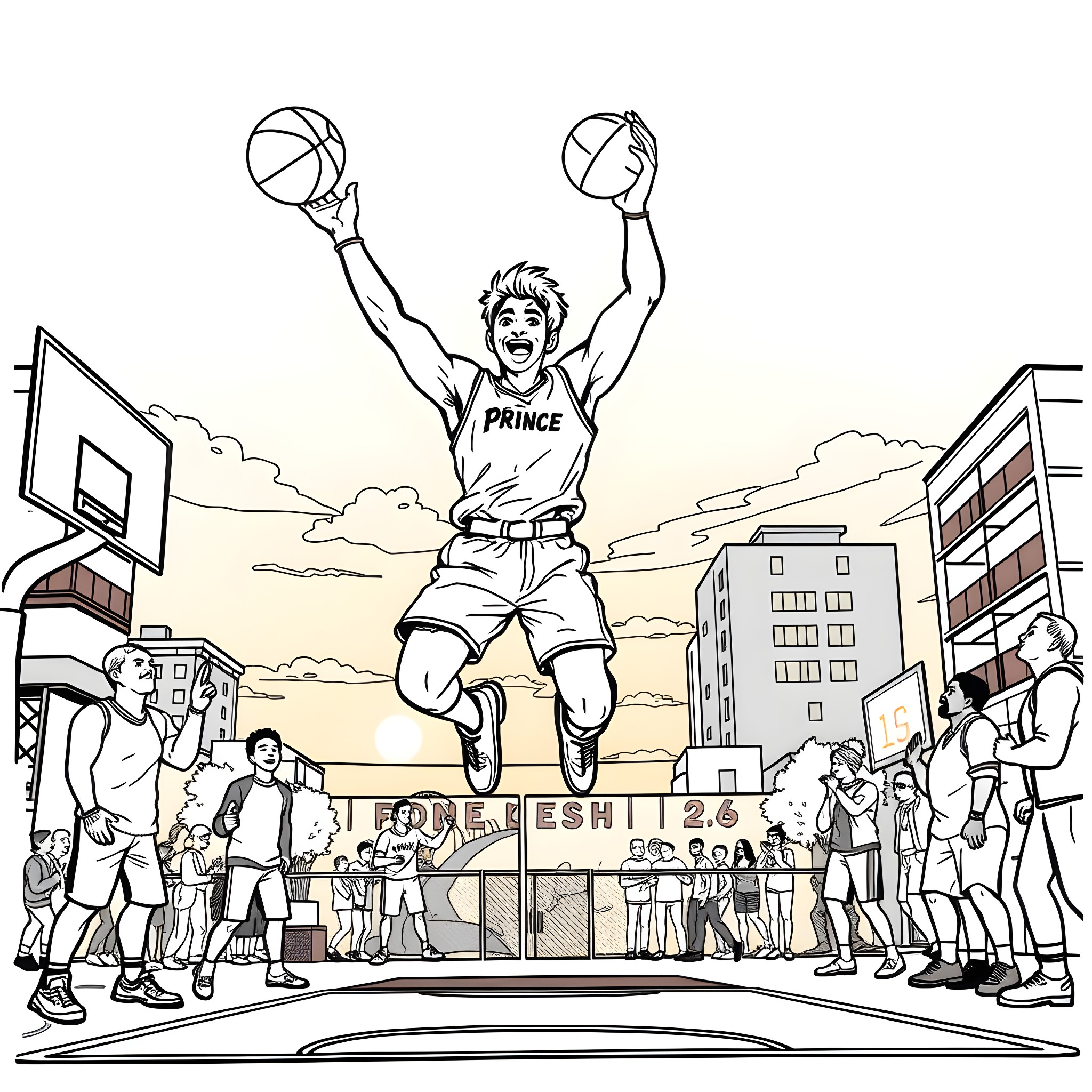 Prince Excelling in Basketball on City Court Coloring Page (free black-and-white line drawing printable PDF for all, from beginners to advanced learners, including children, teens, adults, and seniors)