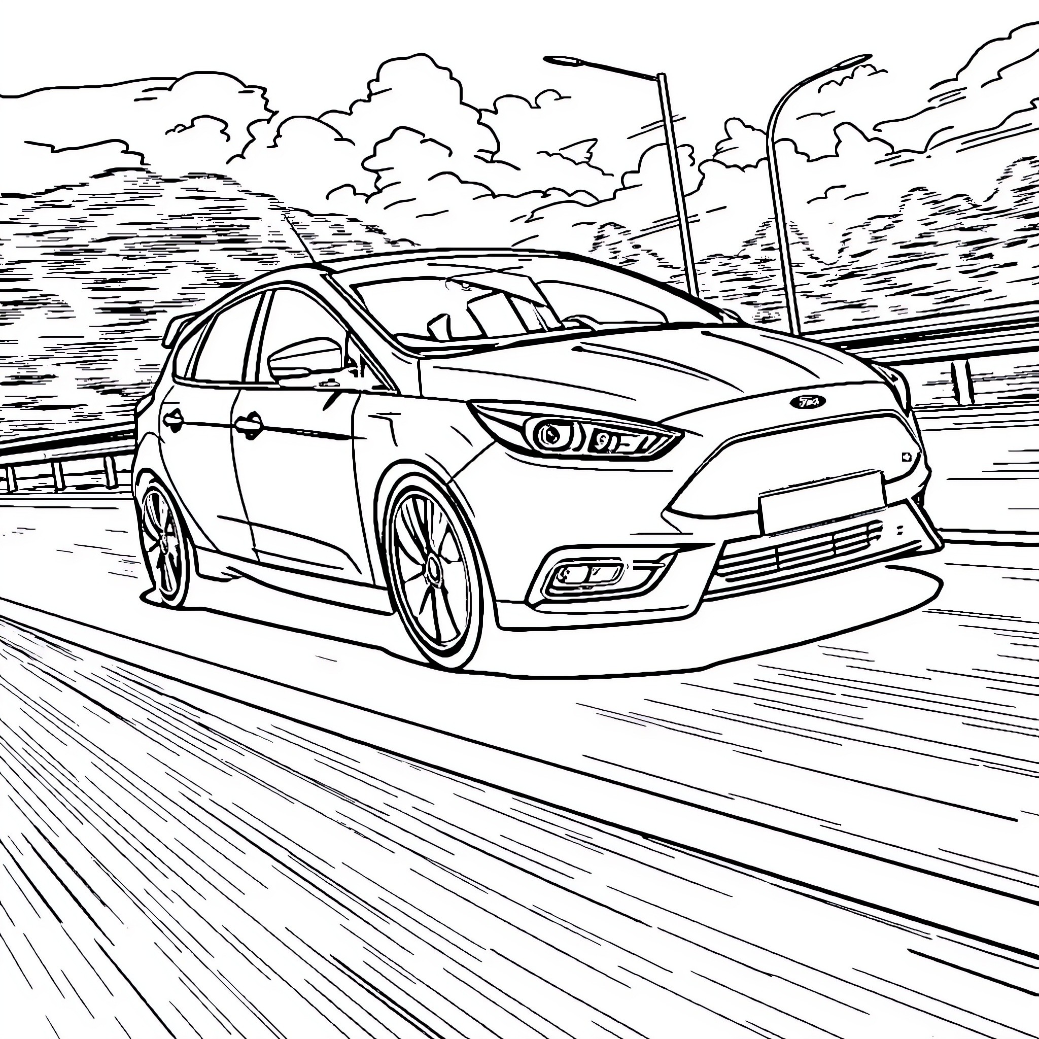 Ford car speeding on the highway Coloring Page (free black-and-white line drawing printable PDF for all, from beginners to advanced learners, including children, teens, adults, and seniors)