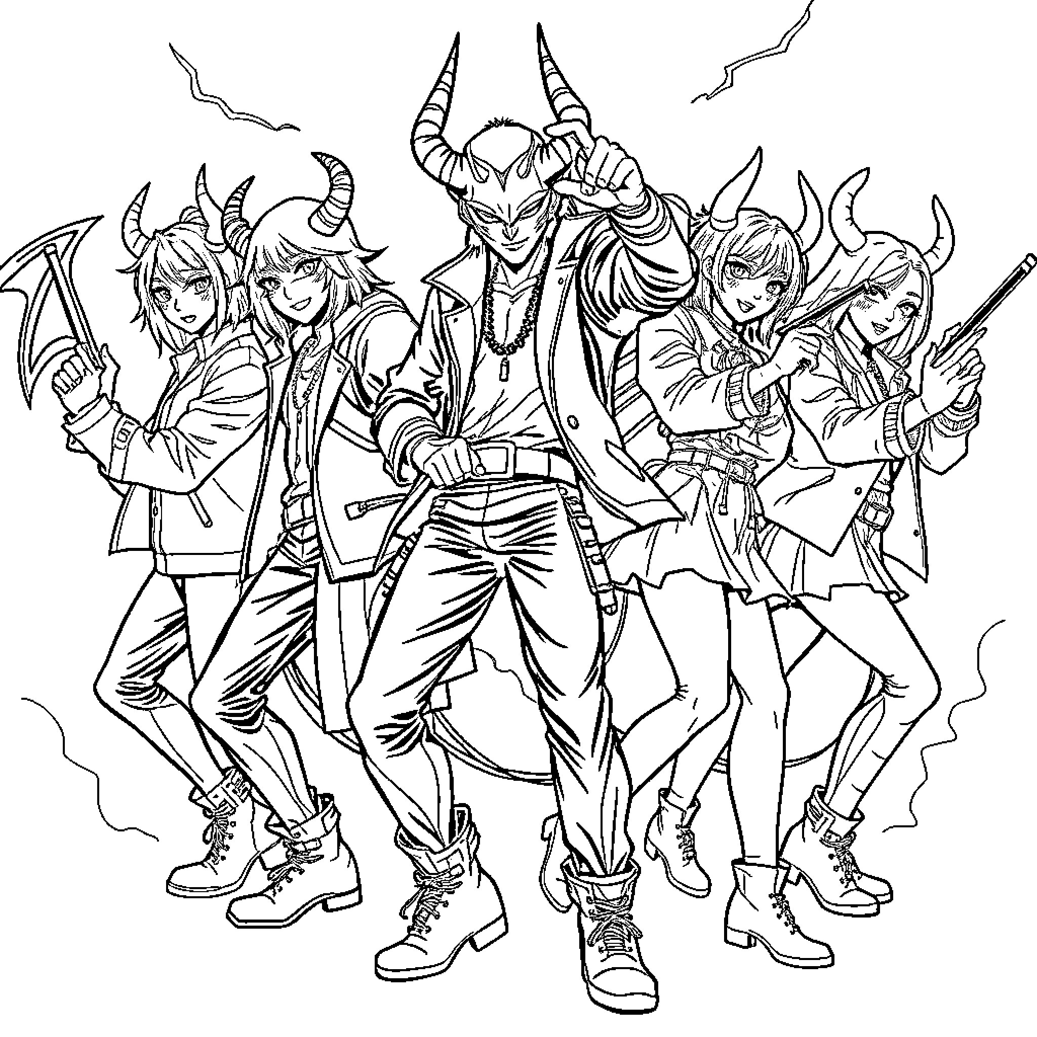 Demon Hunter and a group of warriors in action Coloring Page (free black-and-white line drawing printable PDF for all, from beginners to advanced learners, including children, teens, adults, and seniors)