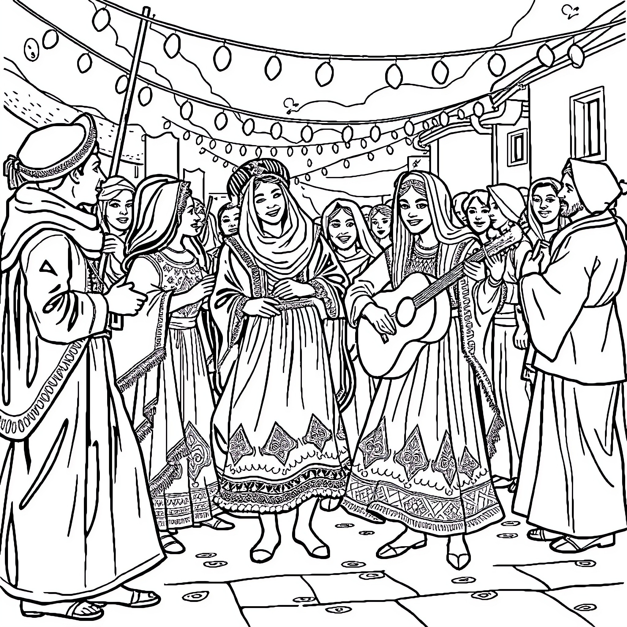 Algerian Costume Celebration with Musicians and Dancers Coloring Page (free black-and-white line drawing printable PDF for all, from beginners to advanced learners, including children, teens, adults, and seniors)