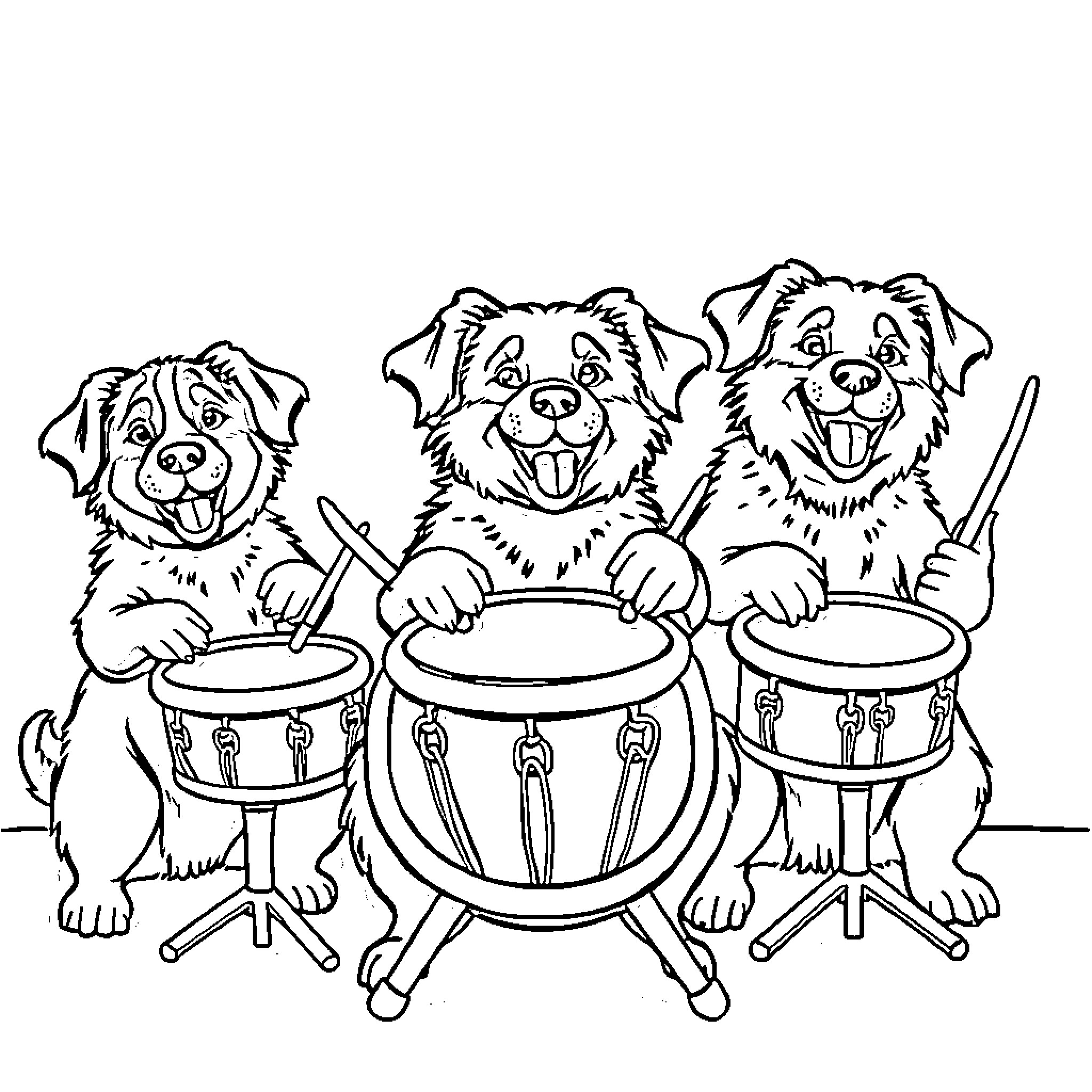 Dog trio playing drums happily Coloring Page (free black-and-white line drawing printable PDF for all, from beginners to advanced learners, including children, teens, adults, and seniors)