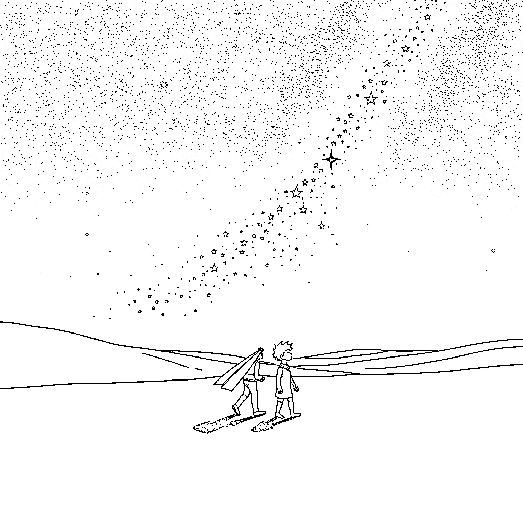 Little Prince walking through a starry night landscape Coloring Page (free black-and-white line drawing printable PDF for all, from beginners to advanced learners, including children, teens, adults, and seniors)