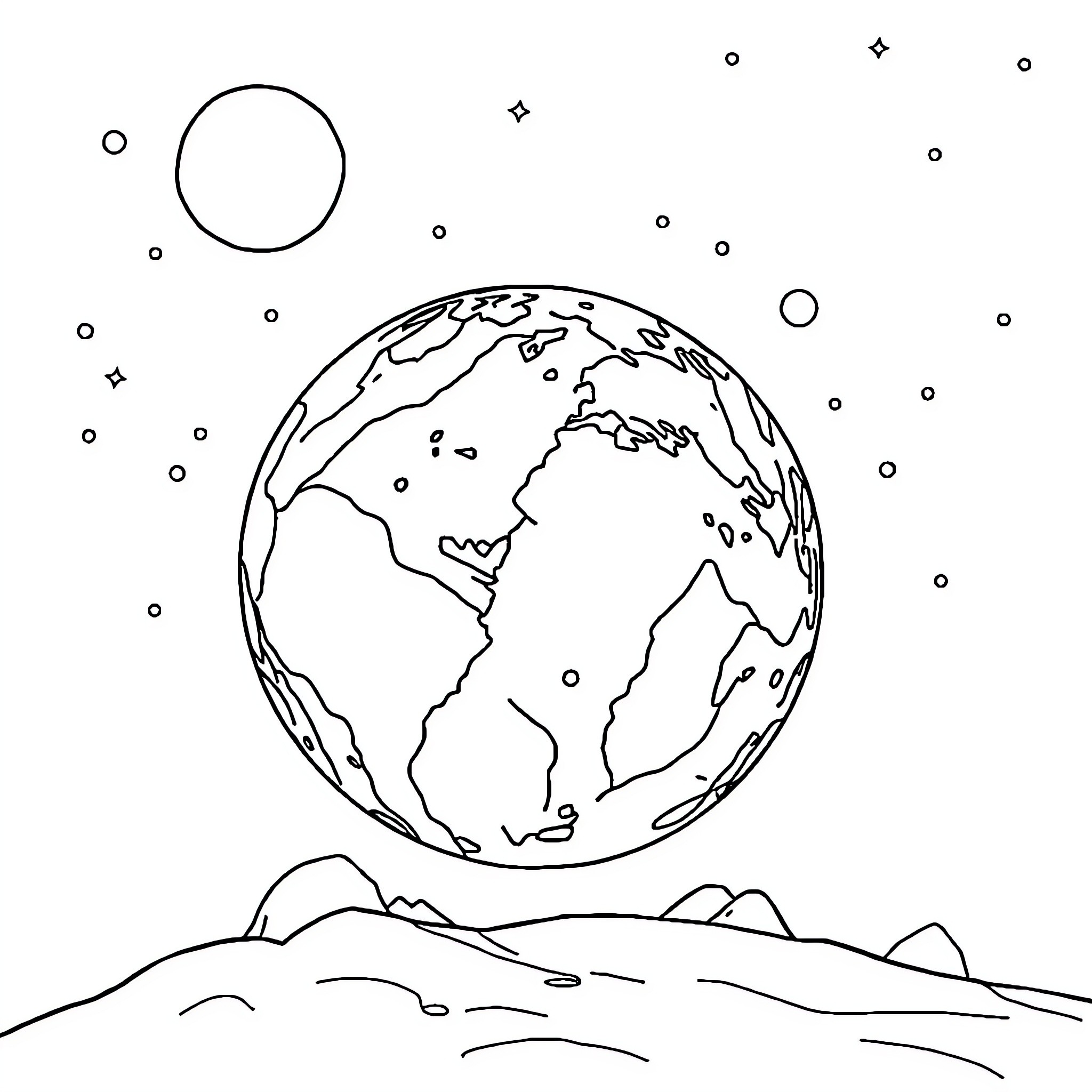 World of Celestial Landscapes Coloring Page (free black-and-white line drawing printable PDF for all, from beginners to advanced learners, including children, teens, adults, and seniors)