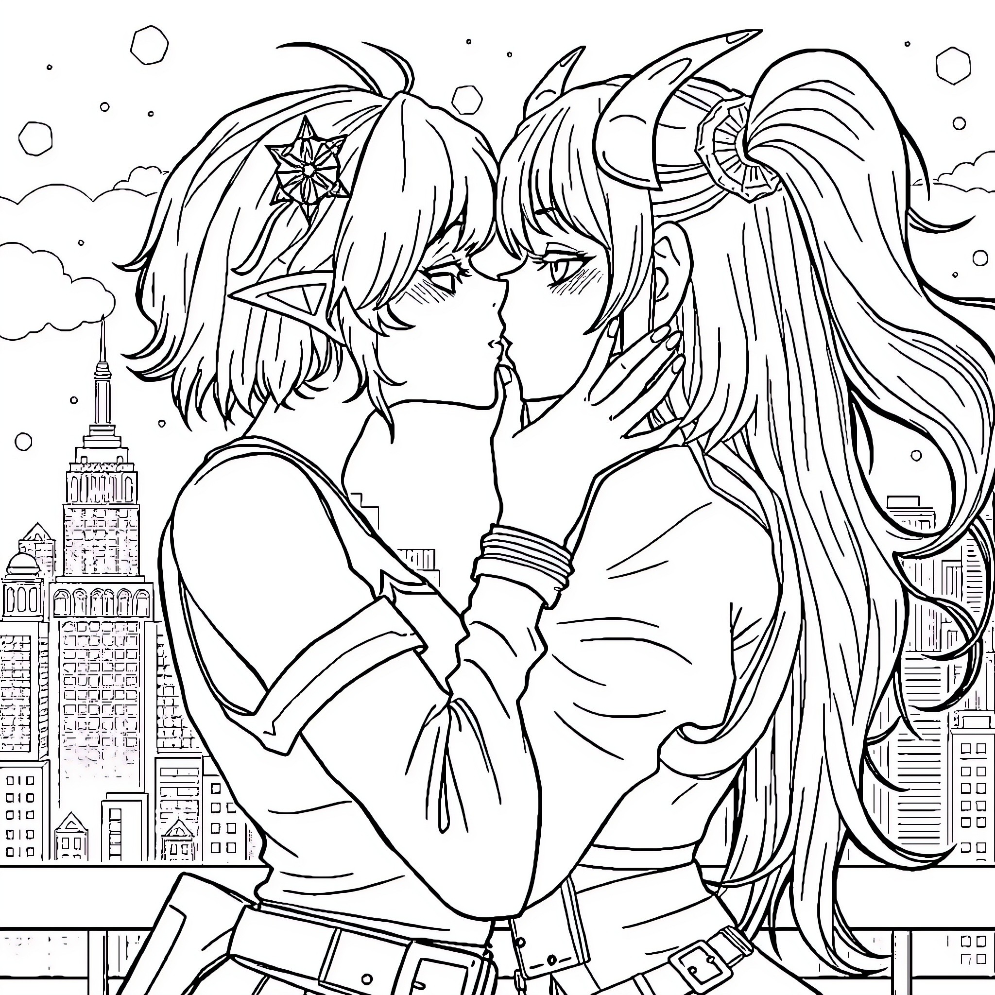 Zoey's Romantic Encounter in the Cityscape Coloring Page (free black-and-white line drawing printable PDF for all, from beginners to advanced learners, including children, teens, adults, and seniors)