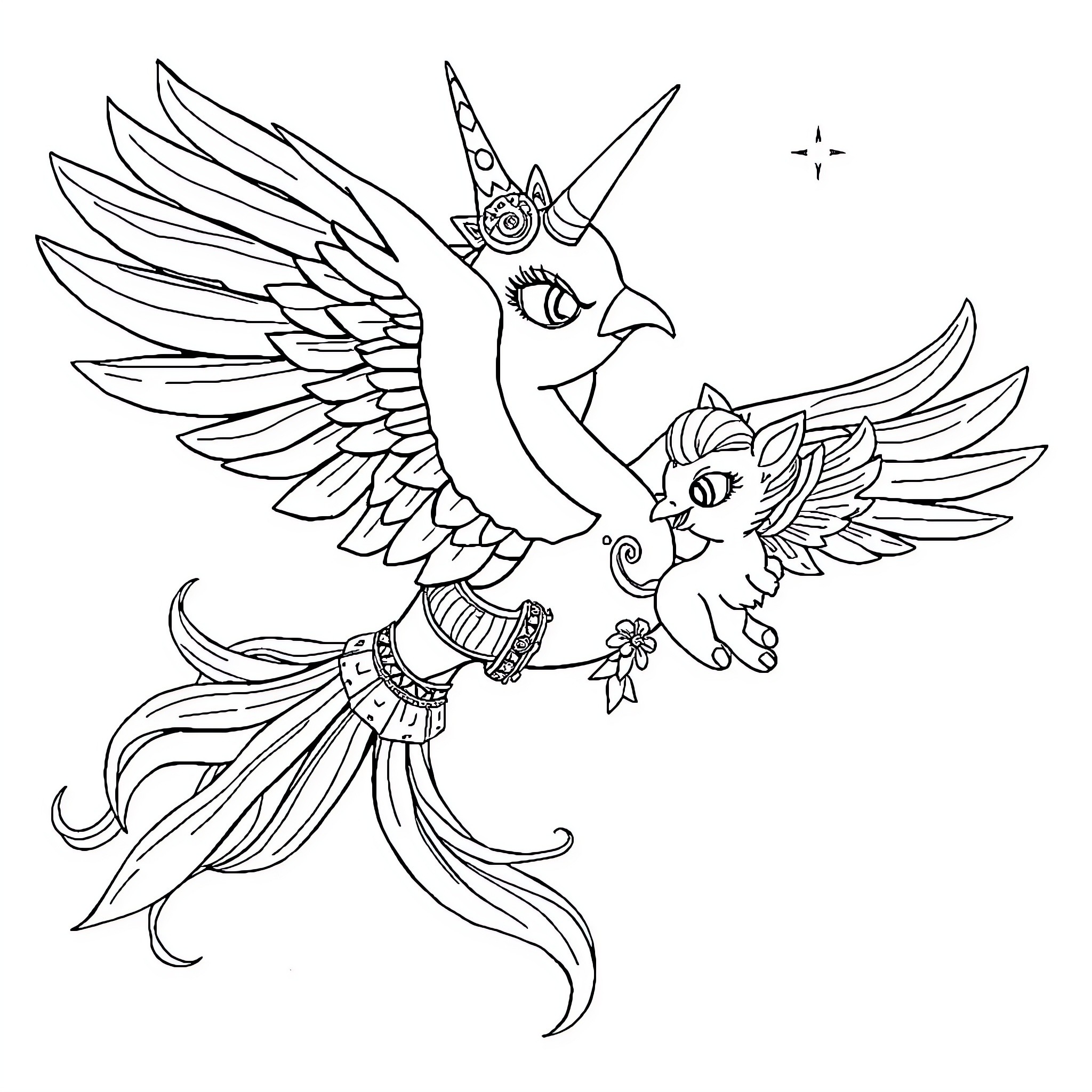 Licorne Fantastical Creatures Engaged in Playful Interaction Coloring Page (free black-and-white line drawing printable PDF for all, from beginners to advanced learners, including children, teens, adults, and seniors)