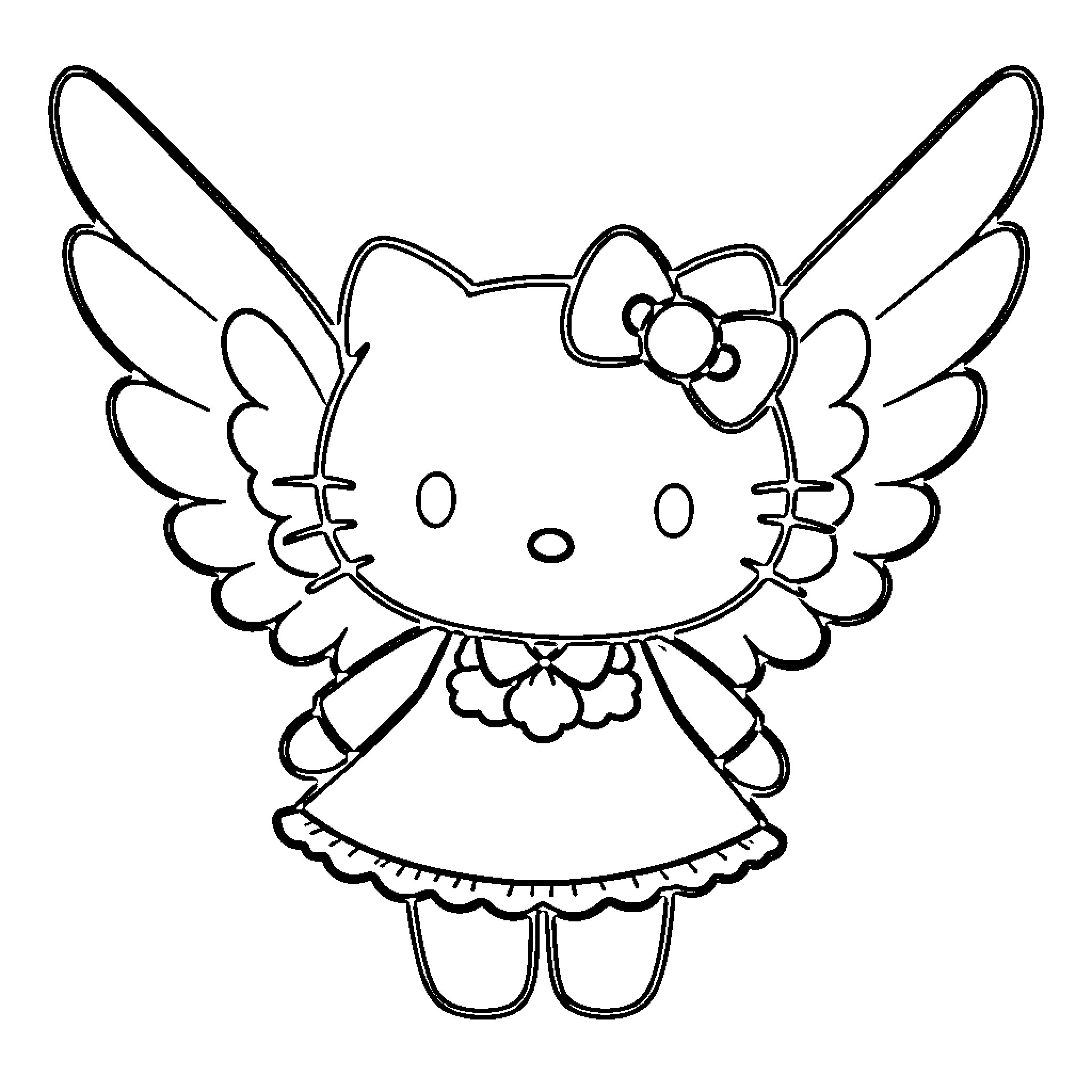 Angel character with large wings and a cute bow Coloring Page (free black-and-white line drawing printable PDF for all, from beginners to advanced learners, including children, teens, adults, and seniors)