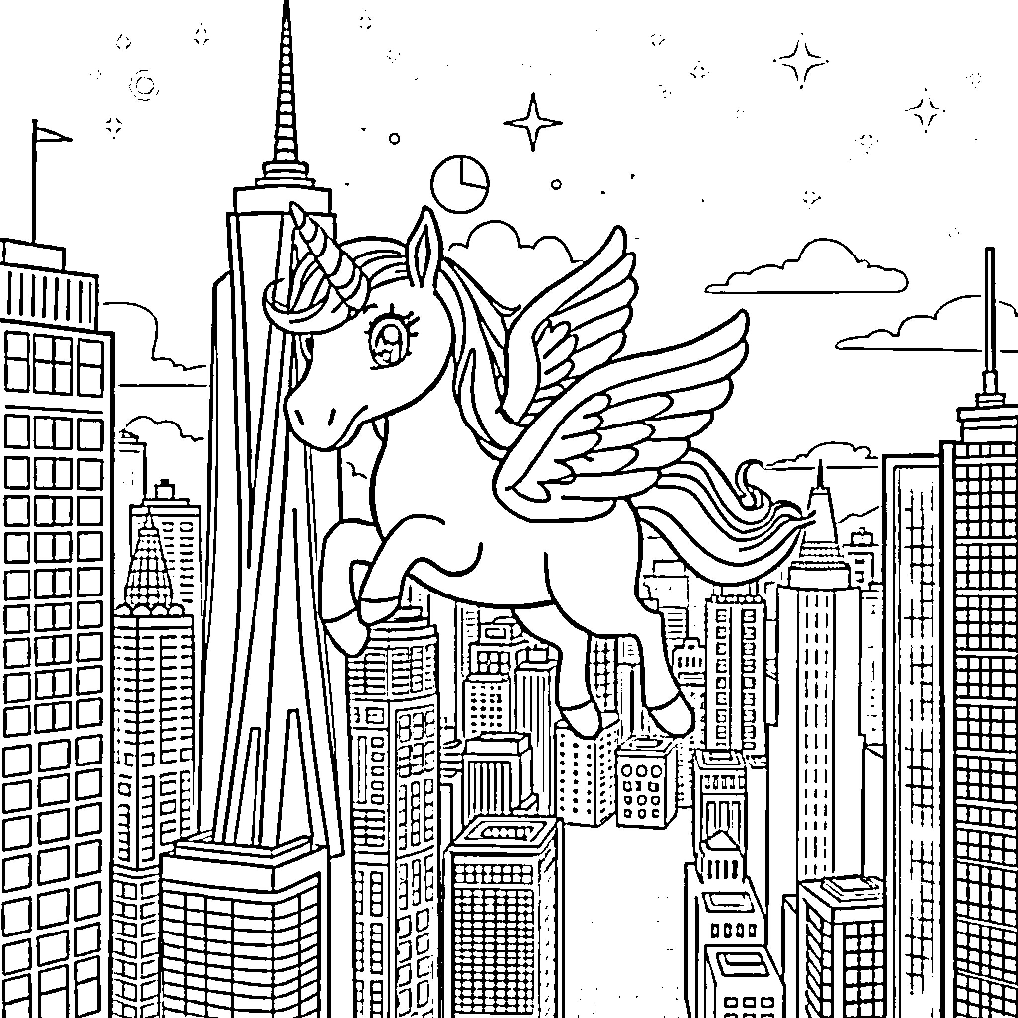 Unicorn soaring over the cityscape at night Coloring Page (free black-and-white line drawing printable PDF for all, from beginners to advanced learners, including children, teens, adults, and seniors)